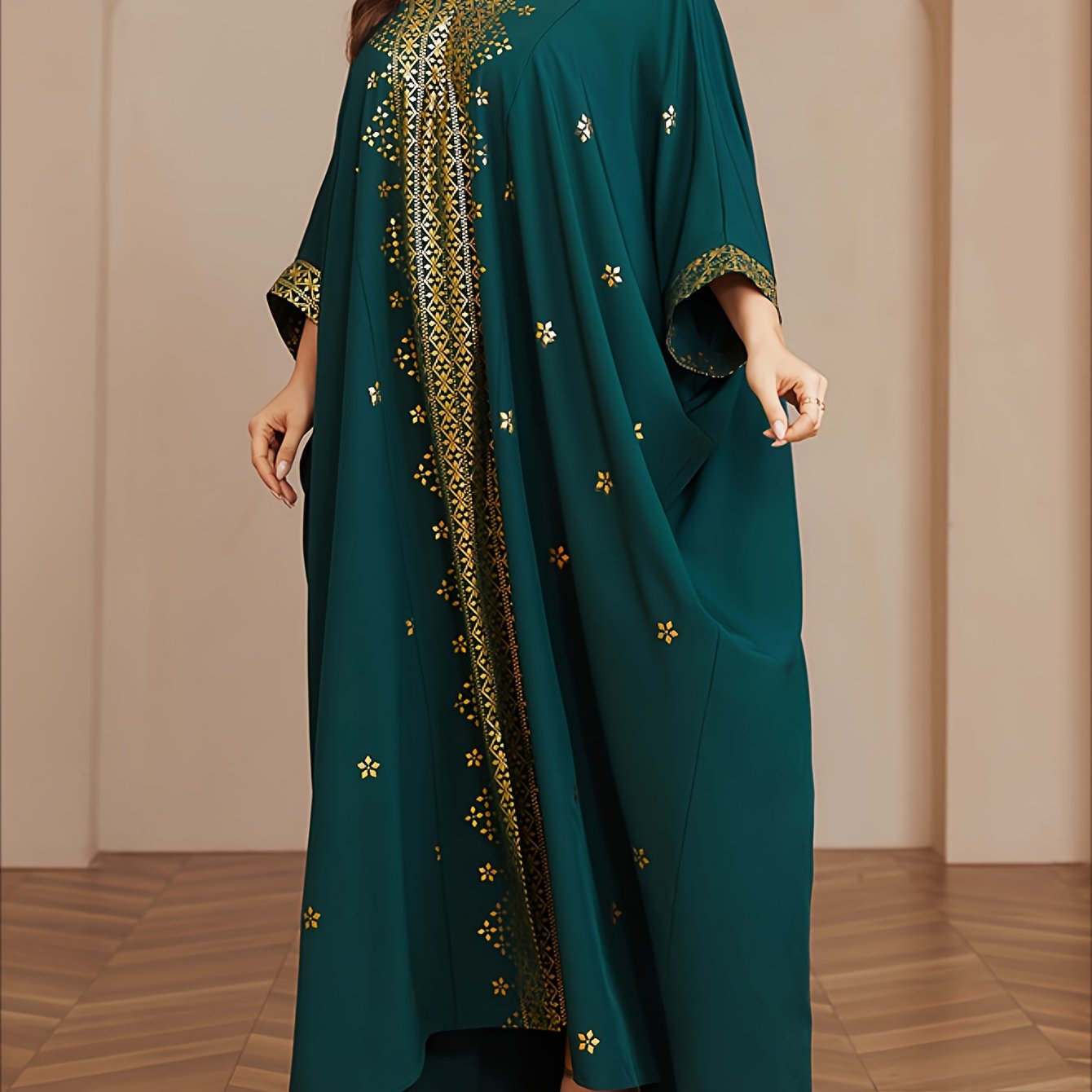 Polyester Long Kaftan | V-Neck Tribal Pattern Woven Non-Stretch, Middle East Golden Tassel, Batwing Sleeve Abaya, Plus Size, All Season