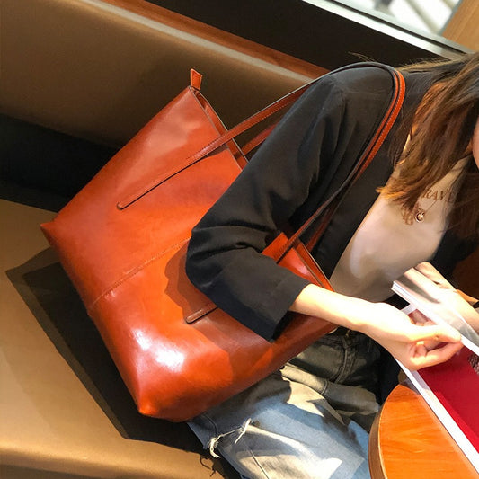 Genuine Leather Vintage Slit Women's Tote Bag - Large Capacity Single Shoulder Messenger Handbag
