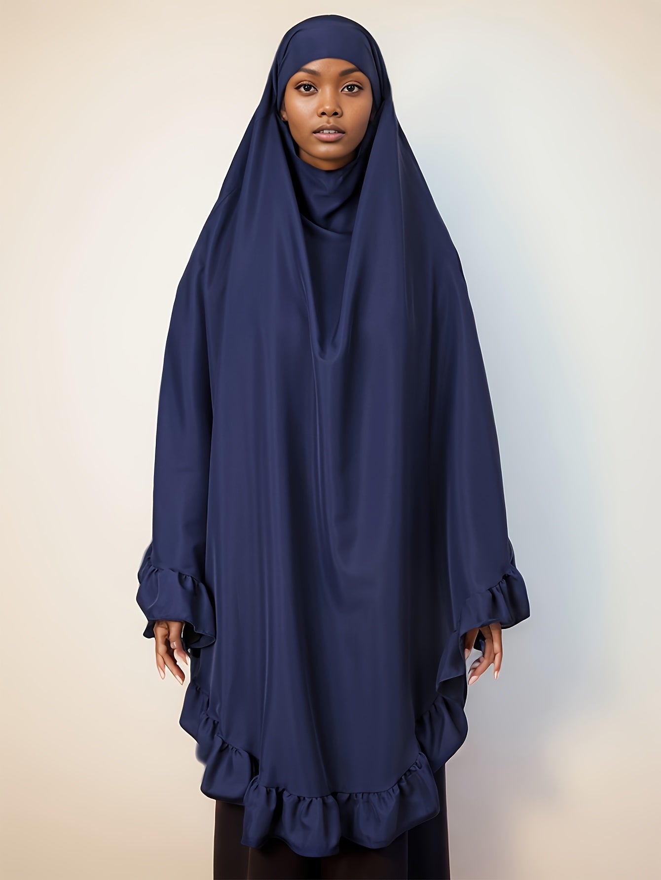 1pc Muslim Prayer Khimar Abaya Burqa - Arabian Style Modest Covering with Ruffled Hem & Wooden Edge, Machine Washable All-Season Solid Color Brown Hijab Scarf, Prayer Shawl for Women
