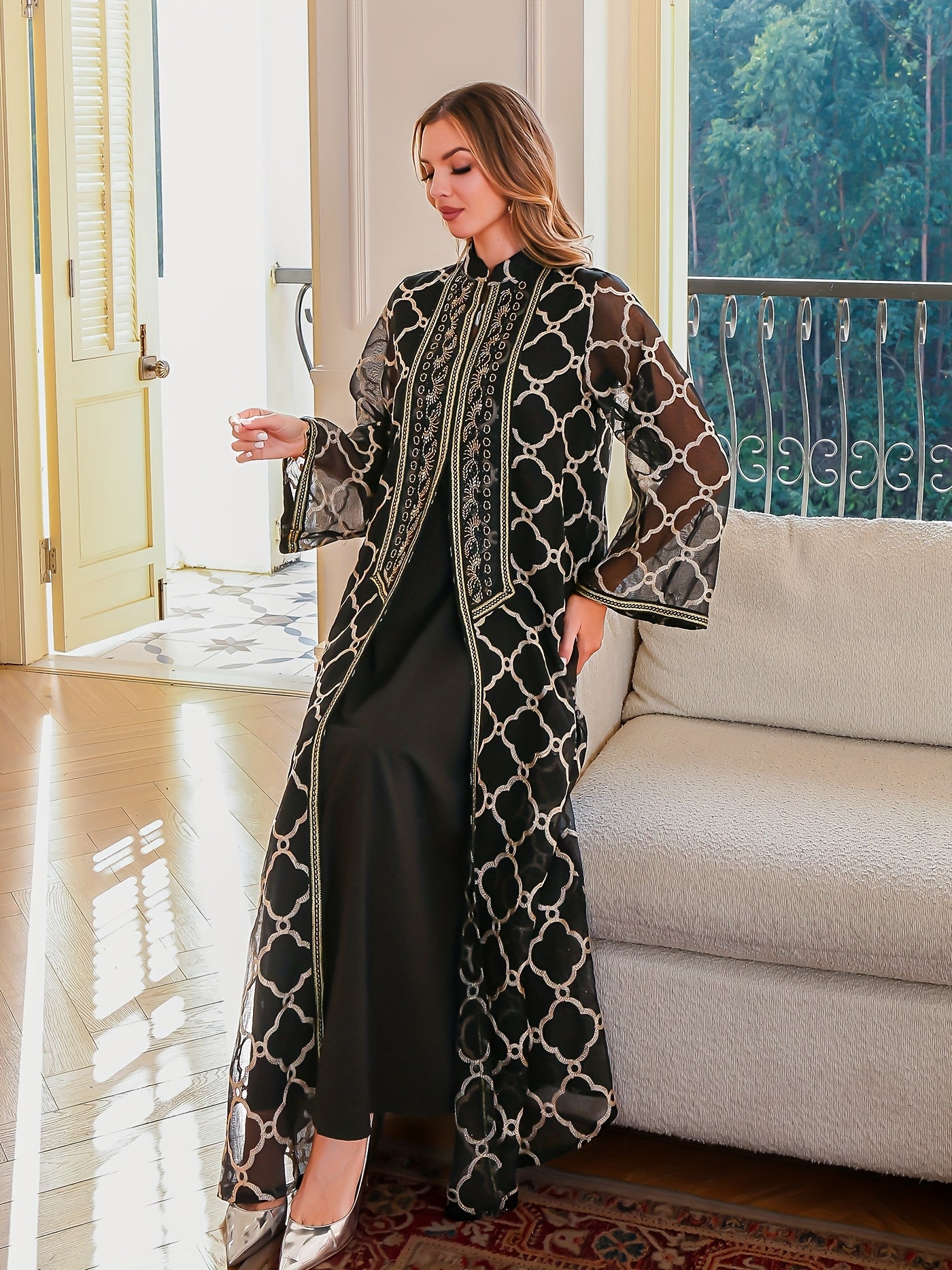 Elegant Black & White Geometric Sequin Embroidered Abaya - Long Sleeve Maxi Dress with Belt, Middle East Dubai Style Evening Gown for Women, Handmade Luxury Robe for Formal Occasions