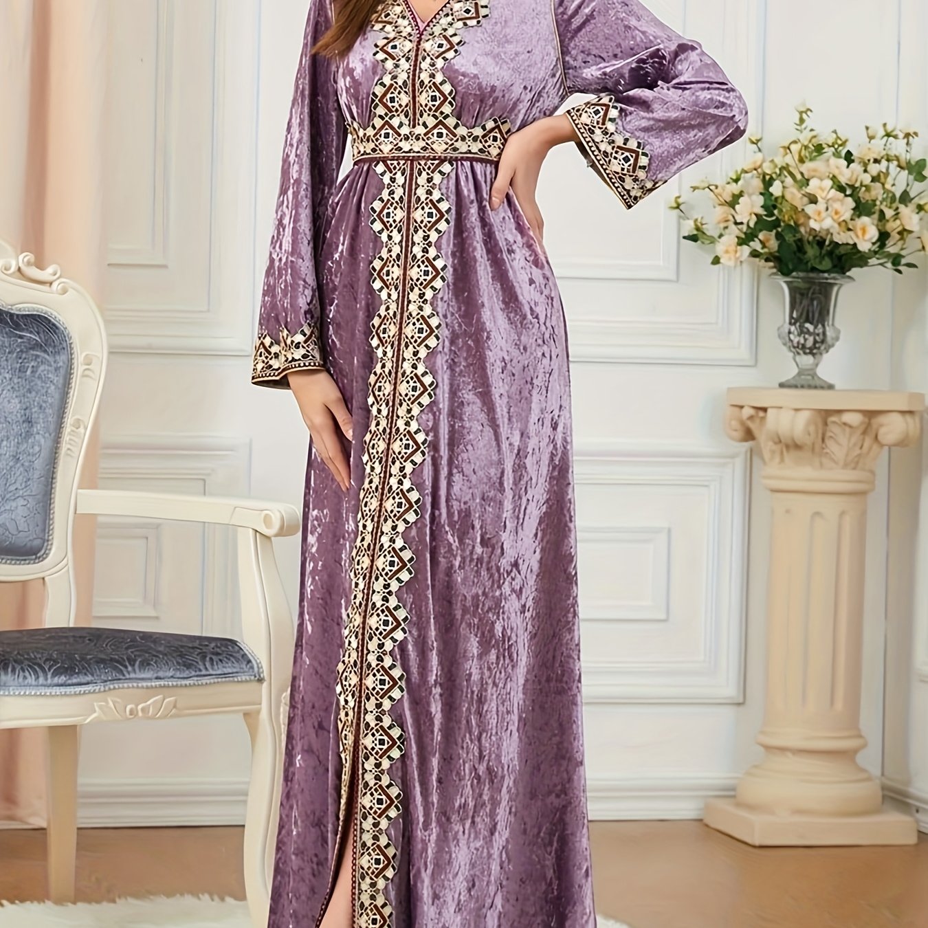 Women's Muslim Velvet Embroidered Abaya with Long Sleeves, V-Neck Moroccan Party Kaftan, Turkish Arabic Maxi Dress.