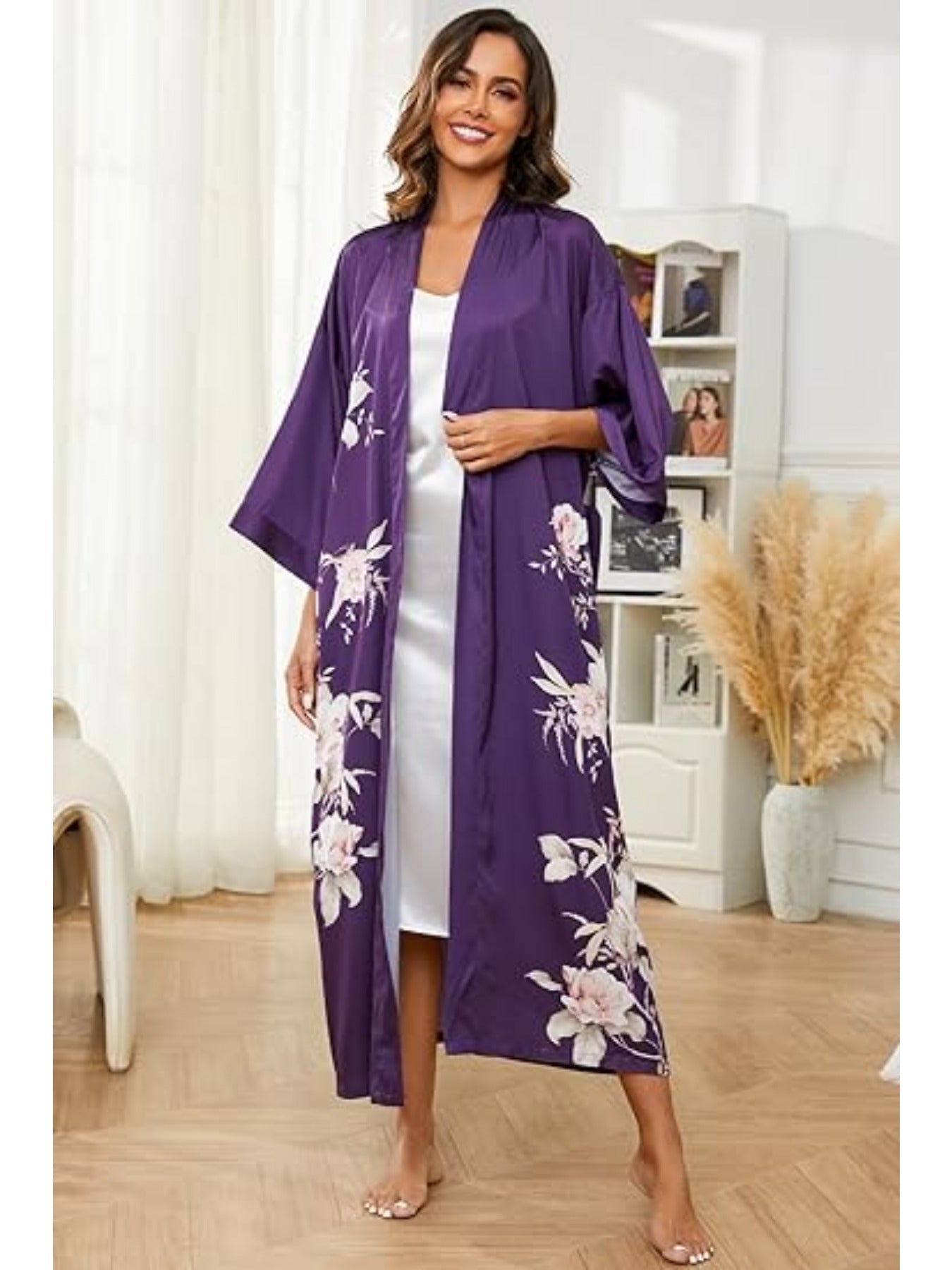 Women's Kimono Robe Long Bathrobe Women's Pajamas Floral Print Wedding Robe Nightgown Satin Bridesmaid Robe
