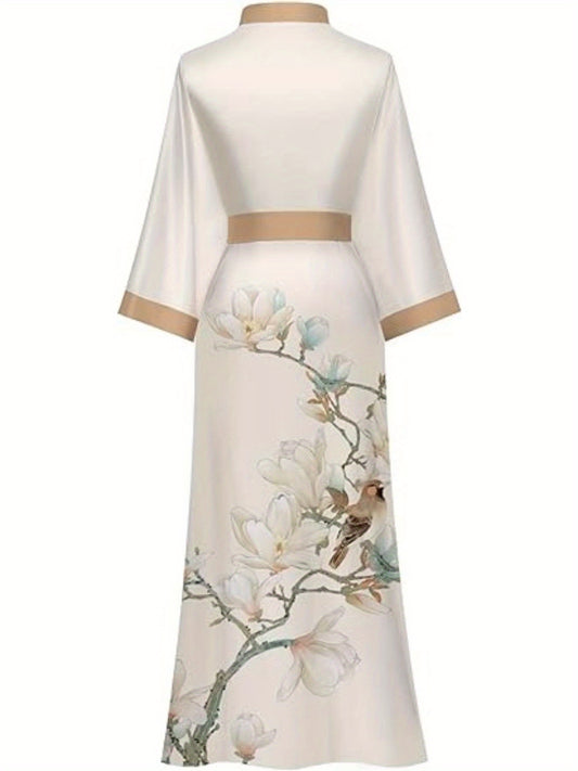 Women's Kimono Robe Long Bathrobe Women's Pajamas Floral Print Wedding Robe Nightgown Satin Bridesmaid Robe