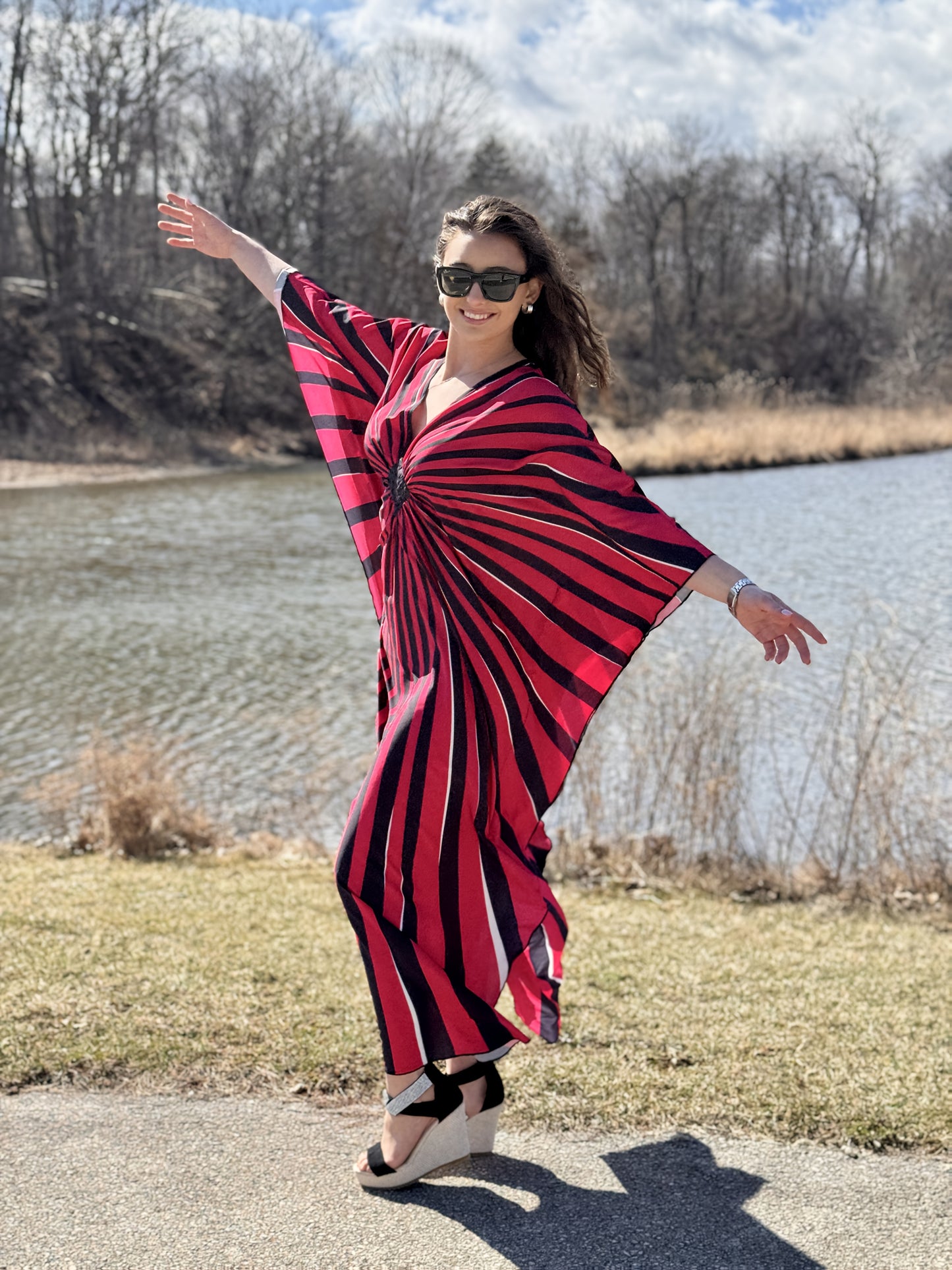 Plus Size - Bohemian Stripe Print Kaftan Dress for Women - V-Neck, Half Sleeve, Long Length, Lightweight Polyester, Perfect for Beach Coverup & Casual Vacation, Plus Size, Spring/Summer/Fall Wear, Beach Dress