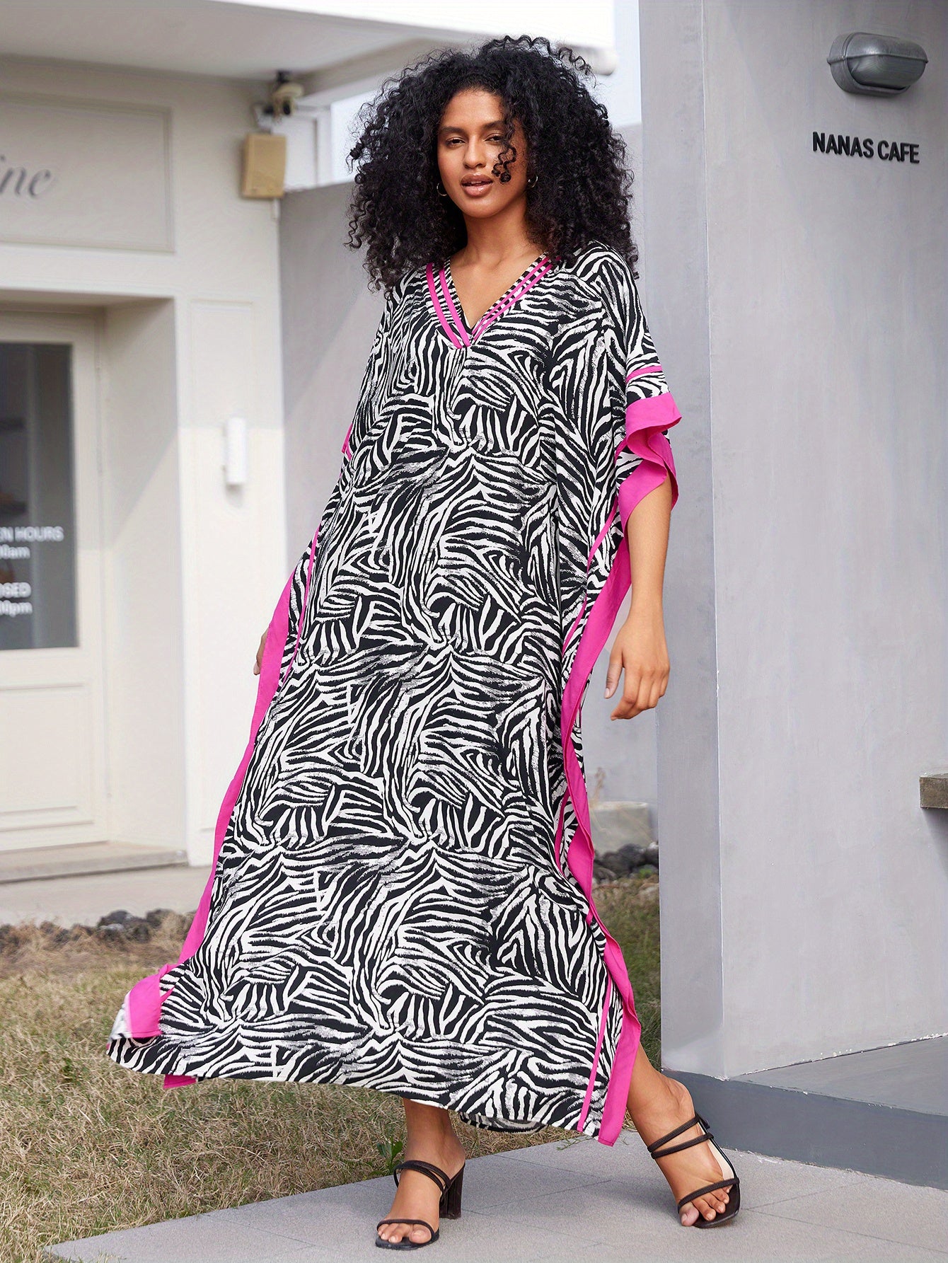 Women's Kaftan Beach Dress, Seaside Cover-up, Man- Positional Print, Under-slit V-neck Robe, Resort Style