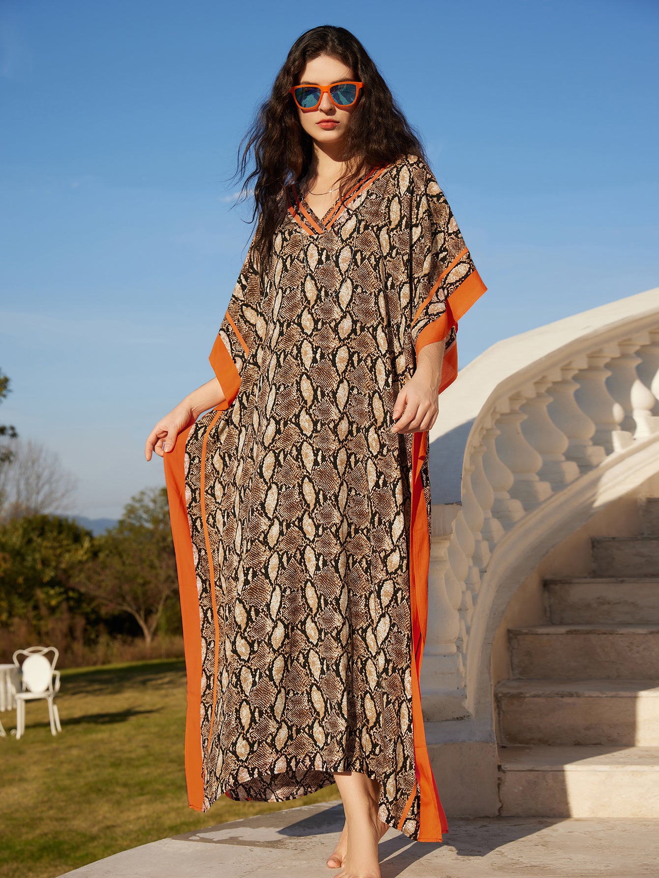 Women's Kaftan Beach Dress, Seaside Cover-up, Man- Positional Print, Under-slit V-neck Robe, Resort Style