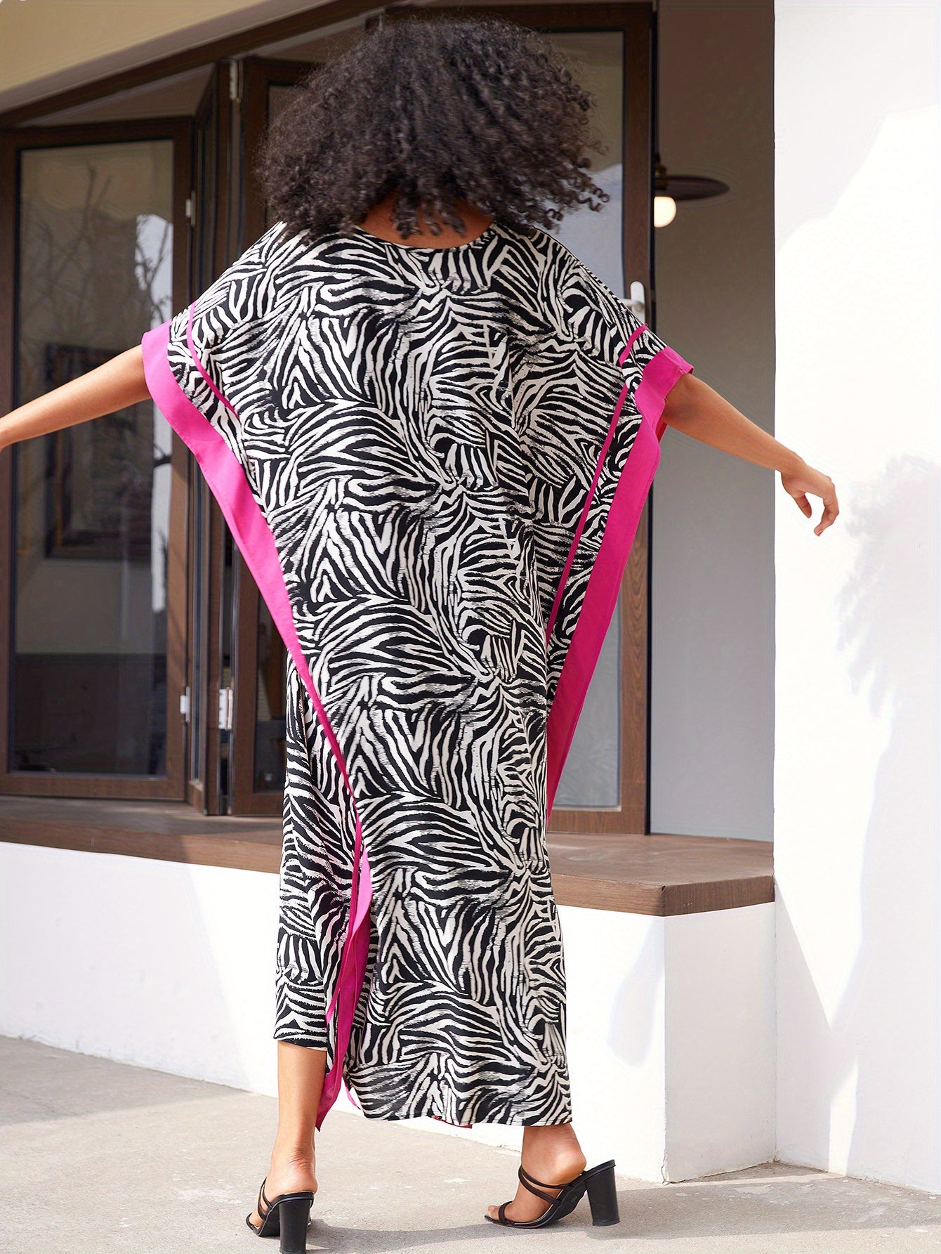Women's Kaftan Beach Dress, Seaside Cover-up, Man- Positional Print, Under-slit V-neck Robe, Resort Style