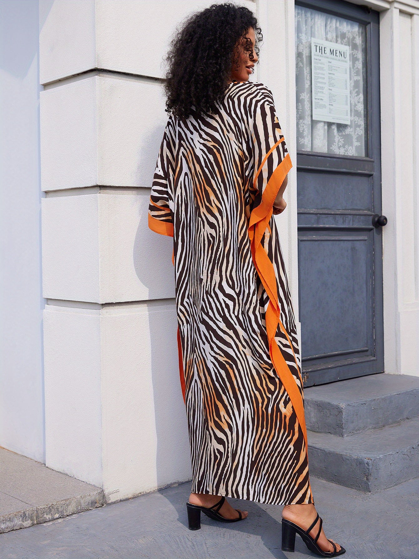 Women's Kaftan Beach Dress, Seaside Cover-up, Man- Positional Print, Under-slit V-neck Robe, Resort Style