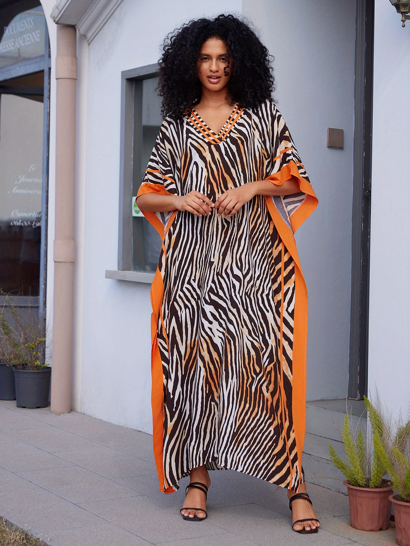 Women's Kaftan Beach Dress, Seaside Cover-up, Man- Positional Print, Under-slit V-neck Robe, Resort Style