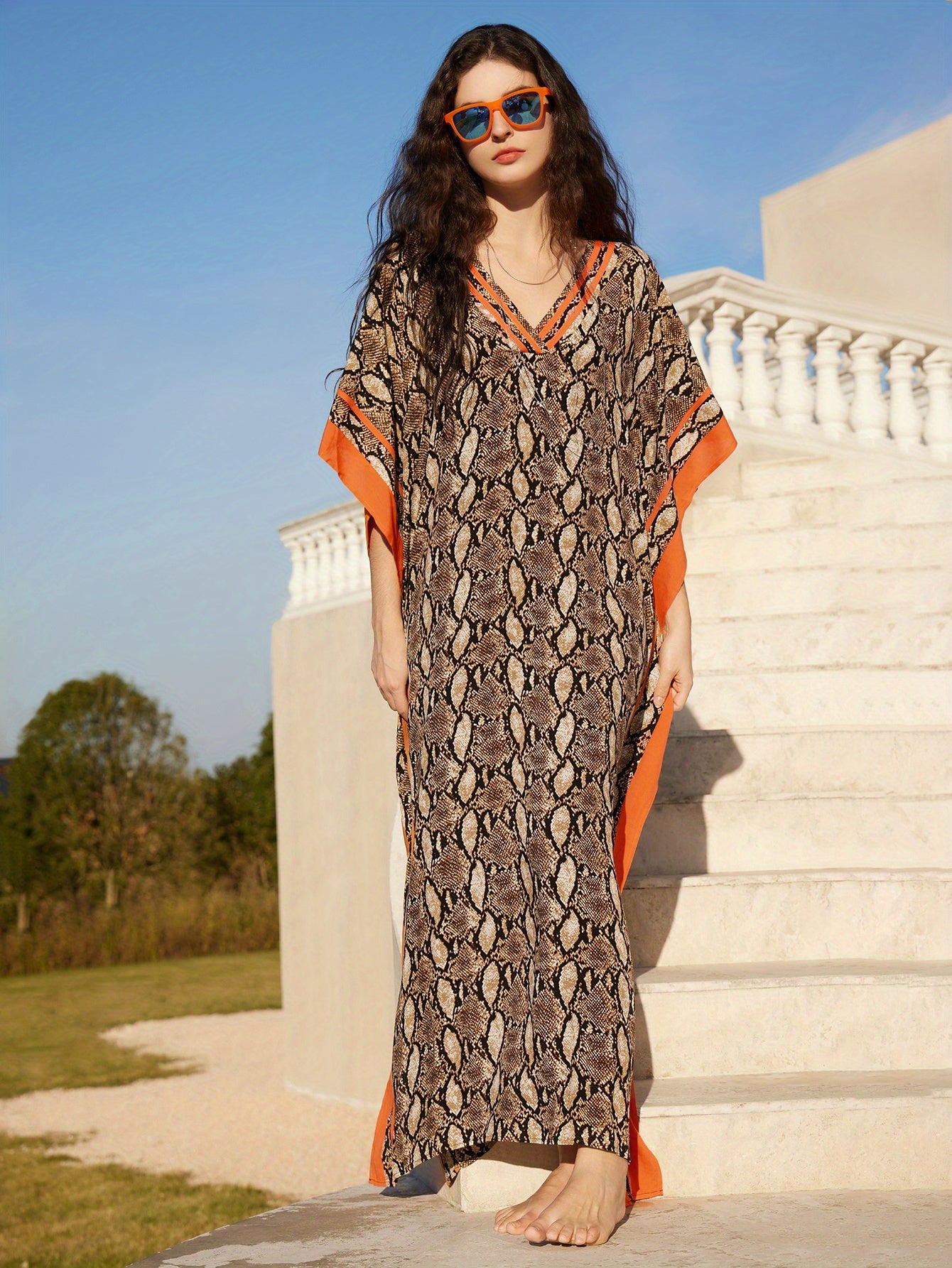 Women's Kaftan Beach Dress, Seaside Cover-up, Man- Positional Print, Under-slit V-neck Robe, Resort Style