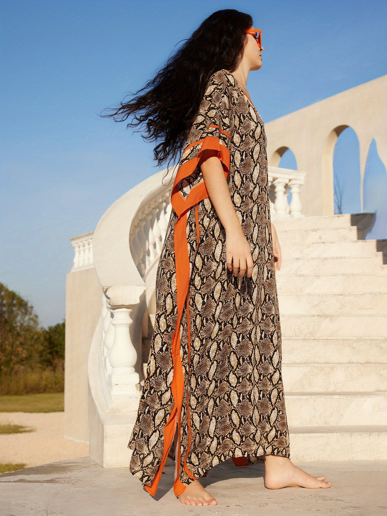 Women's Kaftan Beach Dress, Seaside Cover-up, Man- Positional Print, Under-slit V-neck Robe, Resort Style
