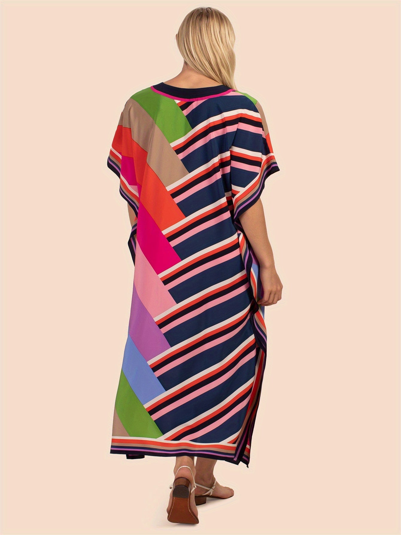 Women's Bohemian Style Allover Geometric Print V Neck Side Split Maxi Cover Up Kaftan Dress, Women's Plus Size Swimwear & Clothing