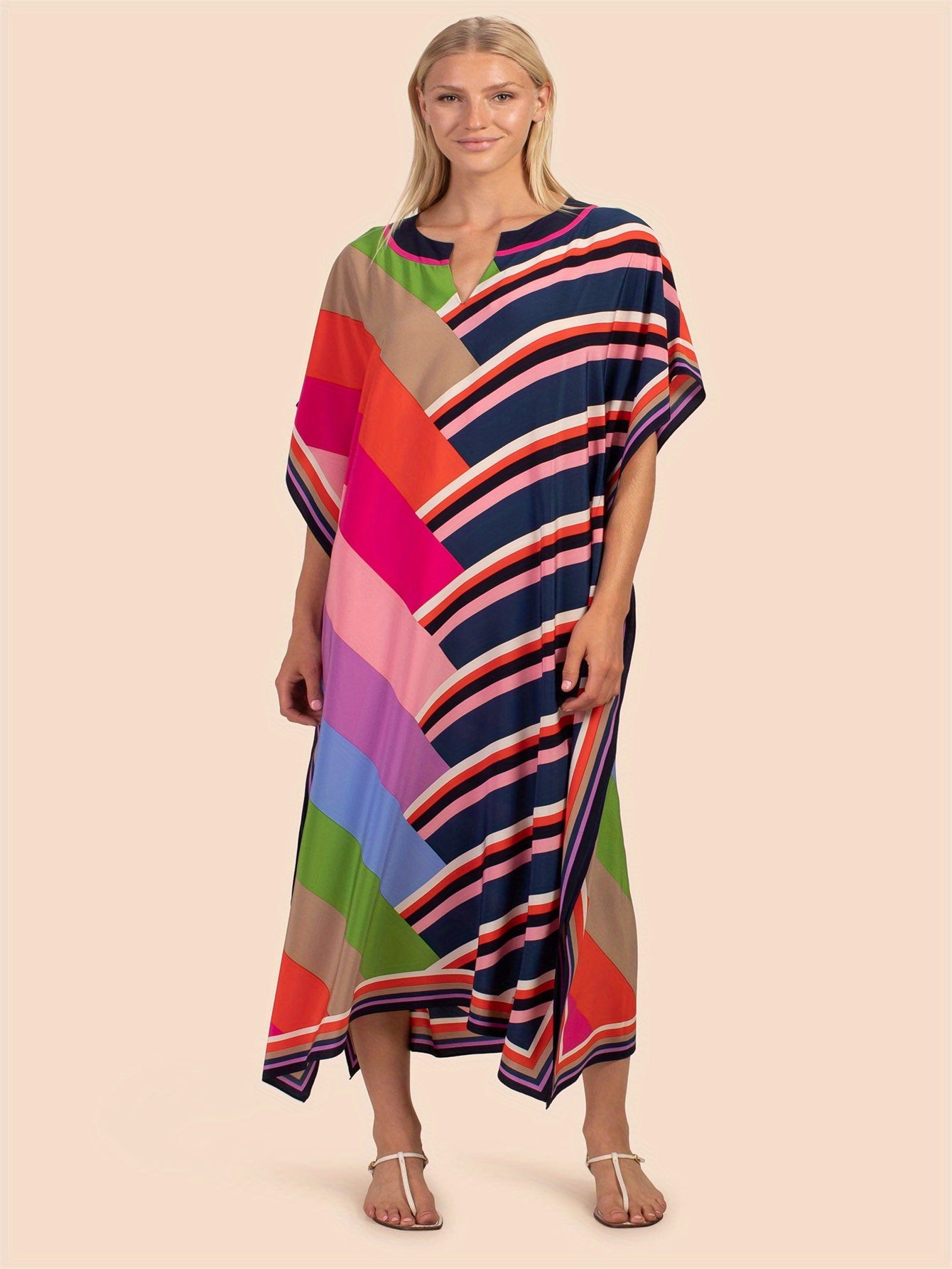Women's Bohemian Style Allover Geometric Print V Neck Side Split Maxi Cover Up Kaftan Dress, Women's Plus Size Swimwear & Clothing