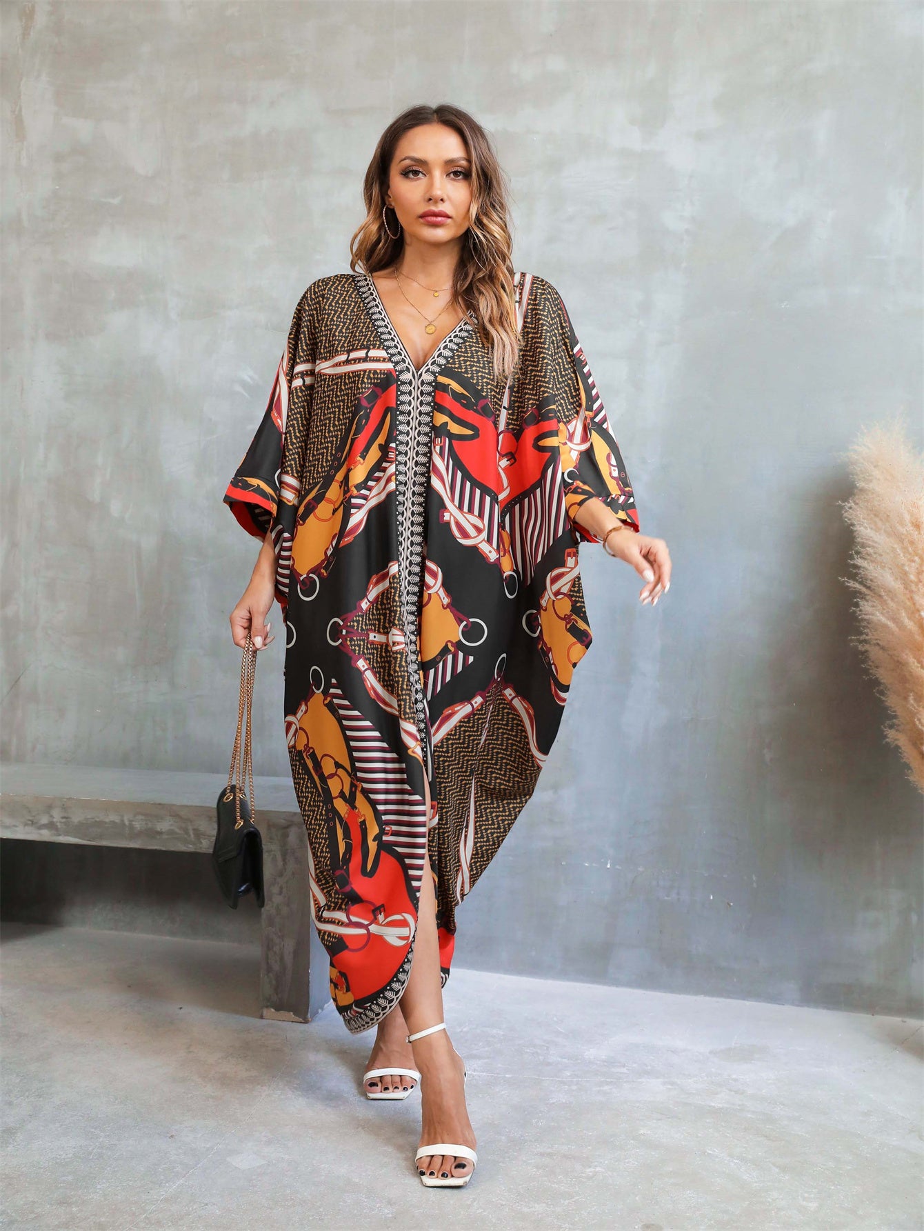 Women's Bohemian Robe - Long Robe with Elastic Sides, Loose Fit Cover-Up for Home, Travel, Lounge - Plus Size Friendly Maxi Wrap in Black/Red/Orange/White/Beige/Brown/Gray/ - Easy Hand Wash Care, Cozy Robe