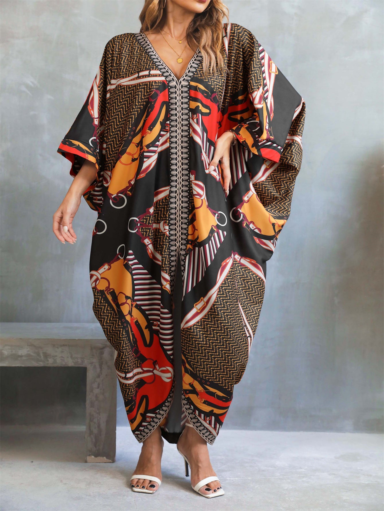 Women's Bohemian Robe - Long Robe with Elastic Sides, Loose Fit Cover-Up for Home, Travel, Lounge - Plus Size Friendly Maxi Wrap in Black/Red/Orange/White/Beige/Brown/Gray/ - Easy Hand Wash Care, Cozy Robe
