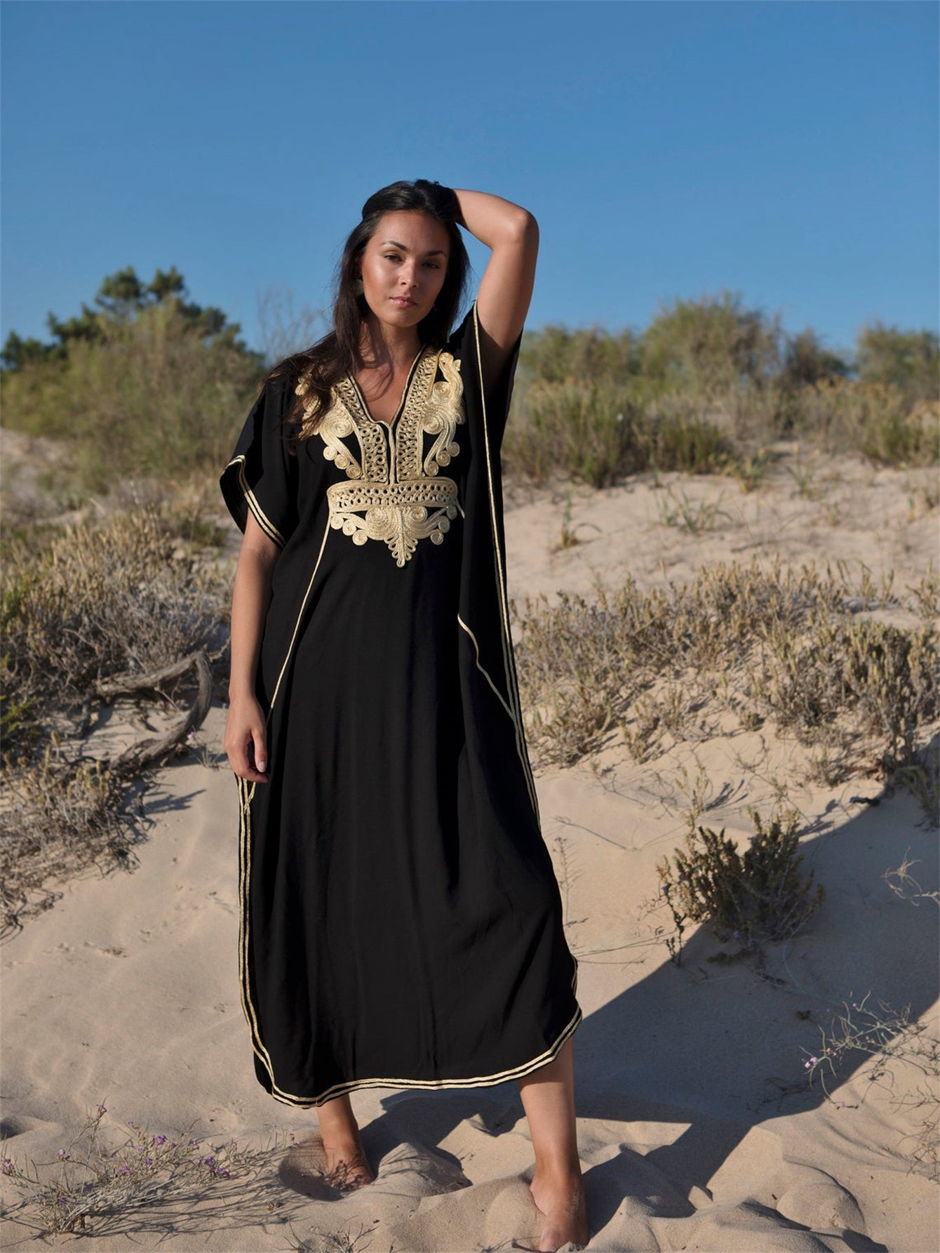 Long Sleeve V-Neck Caftan Dress - Geometric Embroidery Loose Fit Beach Cover-Up