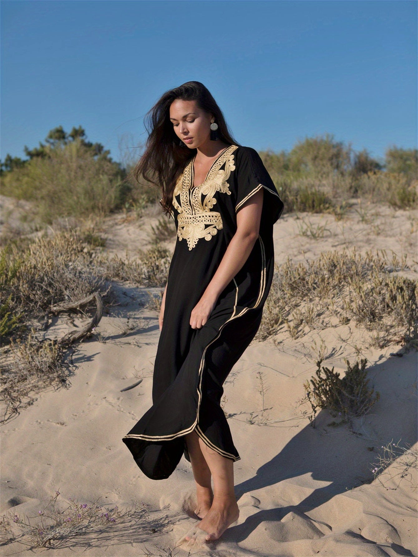 Long Sleeve V-Neck Caftan Dress - Geometric Embroidery Loose Fit Beach Cover-Up