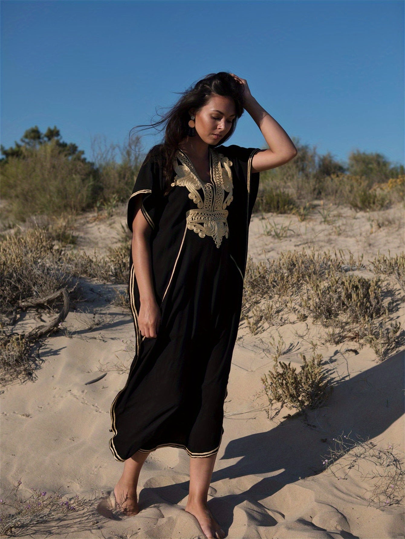 Long Sleeve V-Neck Caftan Dress - Geometric Embroidery Loose Fit Beach Cover-Up