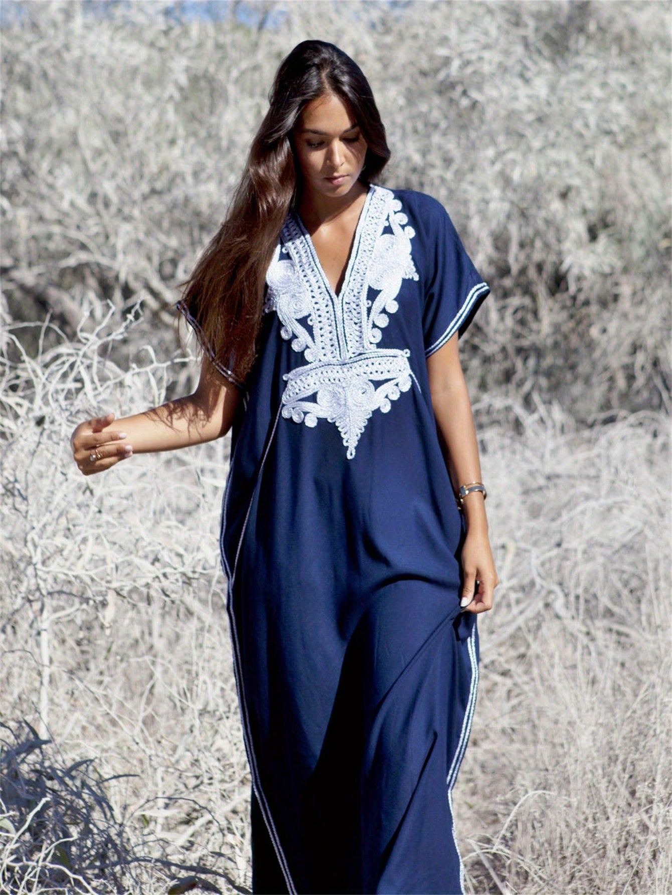 Long Sleeve V-Neck Caftan Dress - Geometric Embroidery Loose Fit Beach Cover-Up