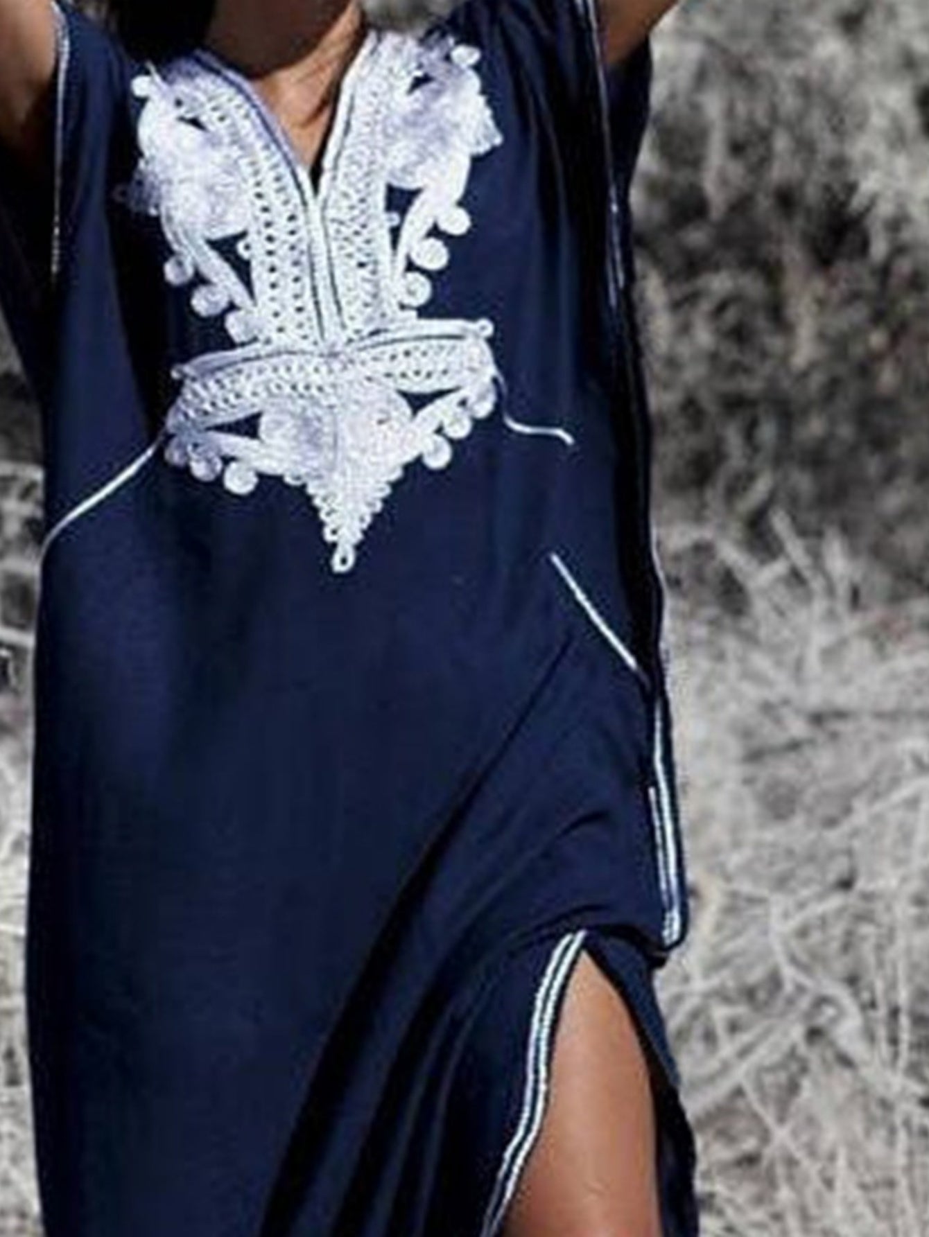 Long Sleeve V-Neck Caftan Dress - Geometric Embroidery Loose Fit Beach Cover-Up