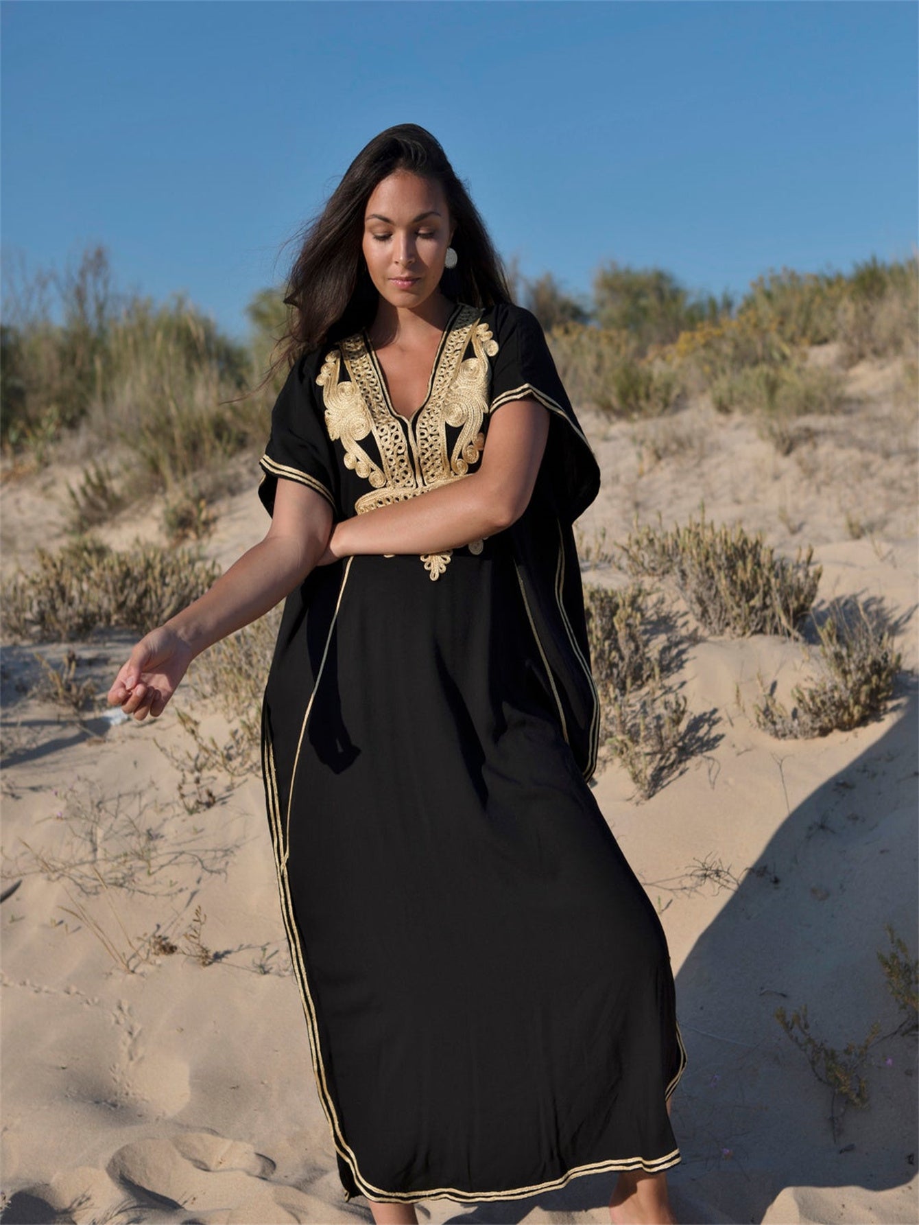 Long Sleeve V-Neck Caftan Dress - Geometric Embroidery Loose Fit Beach Cover-Up