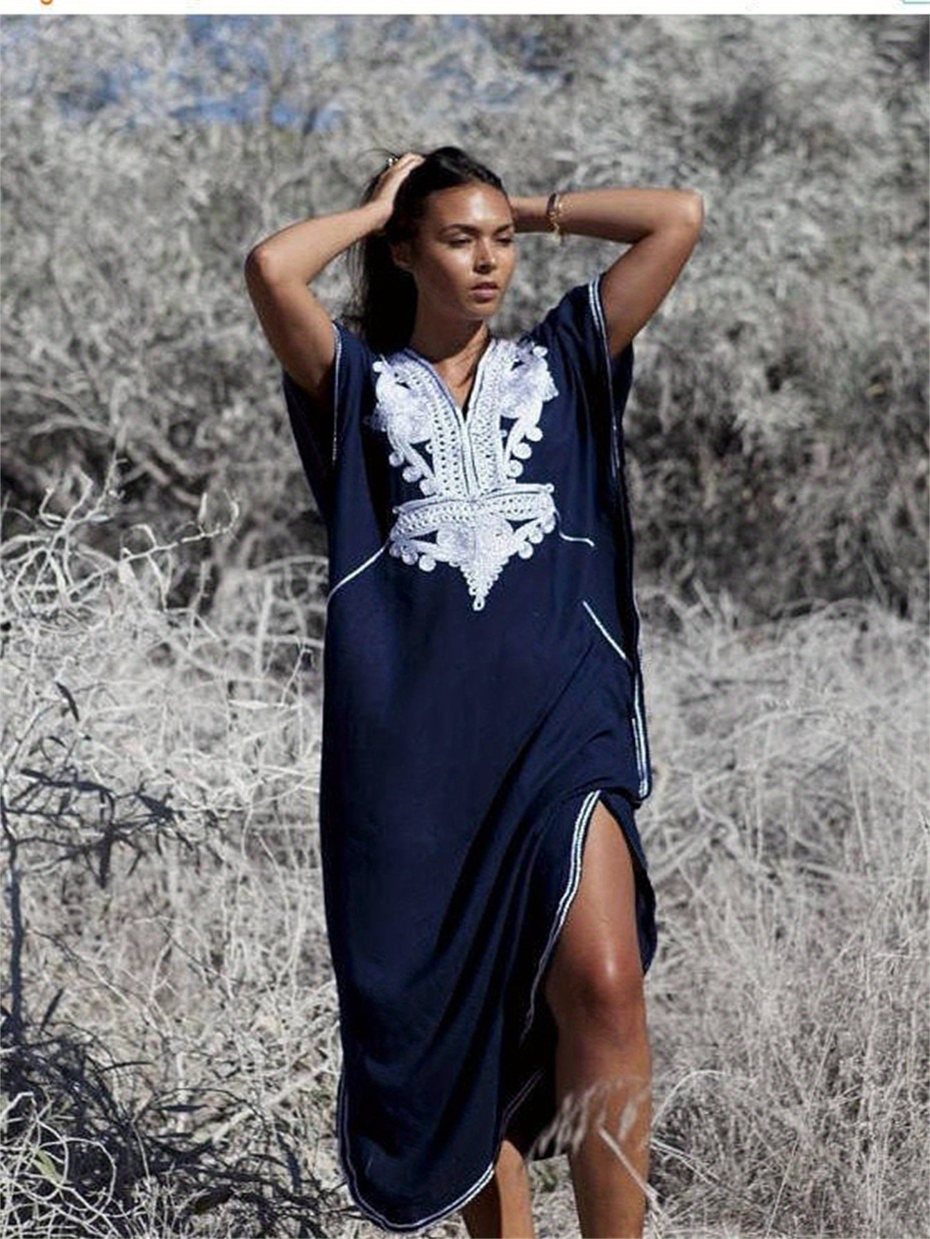 Long Sleeve V-Neck Caftan Dress - Geometric Embroidery Loose Fit Beach Cover-Up