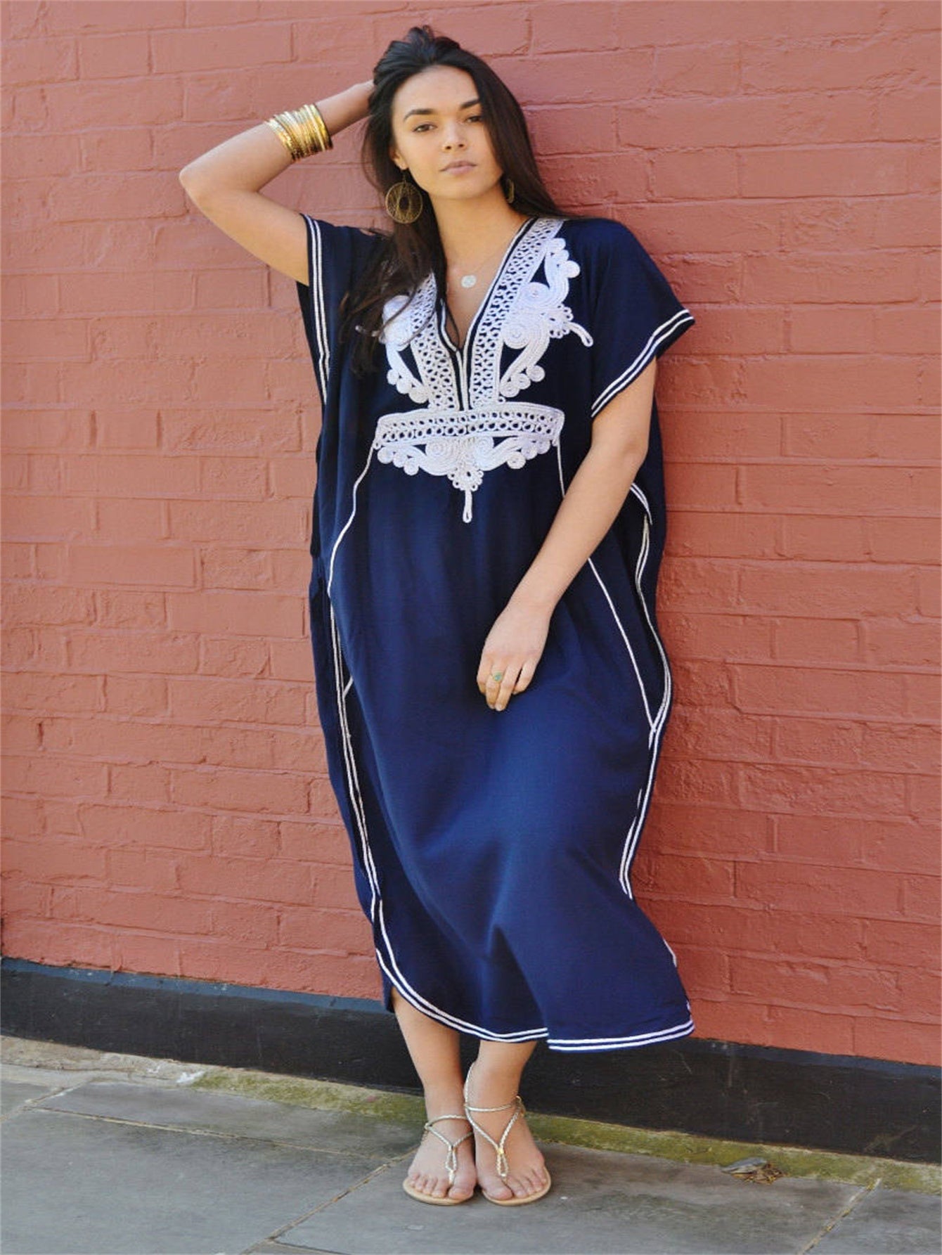 Long Sleeve V-Neck Caftan Dress - Geometric Embroidery Loose Fit Beach Cover-Up