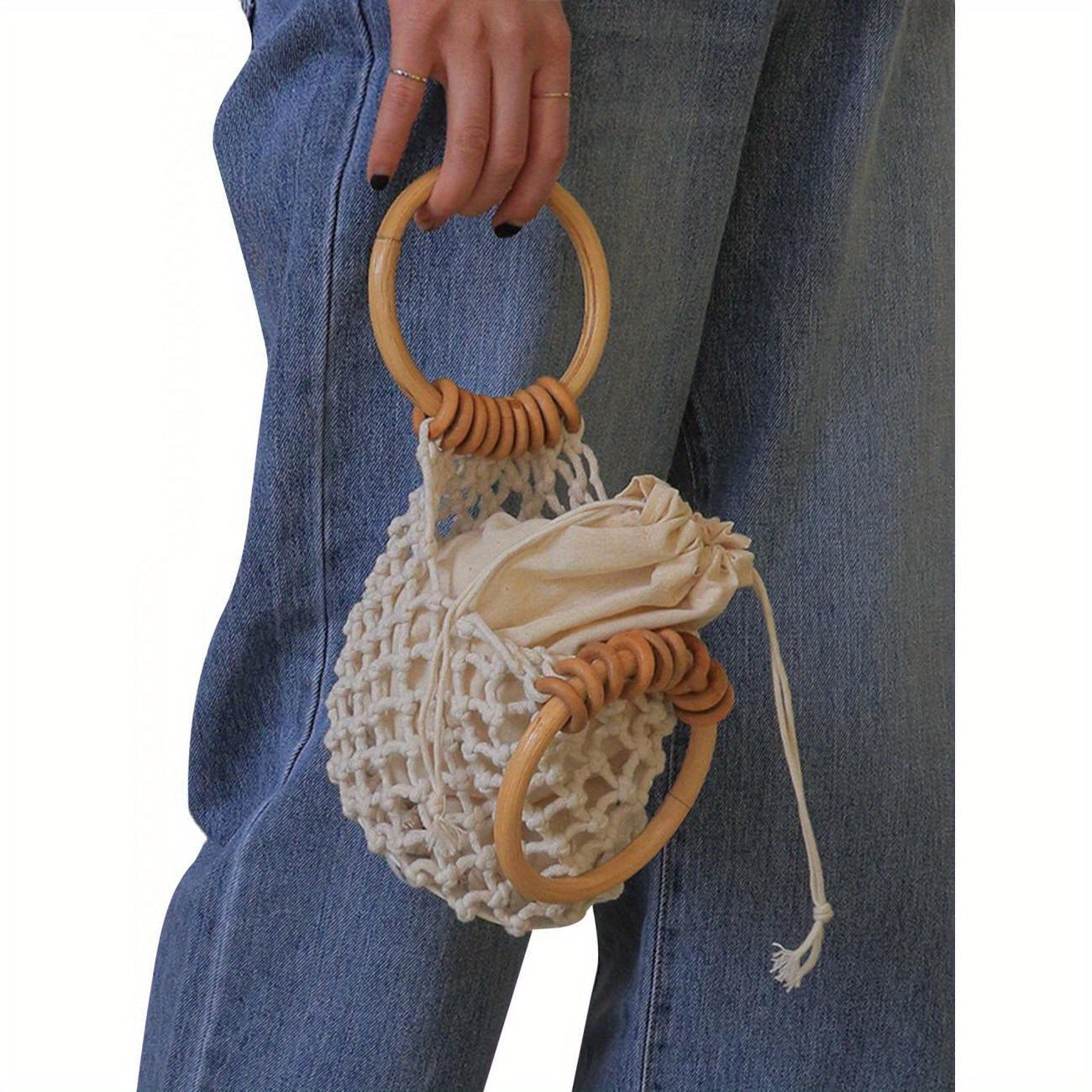 Women's Beach Style Woven Bucket Bag with Wood Handle & Drawstring Closure - Open Top Boho Chic Handbag in Khaki/White