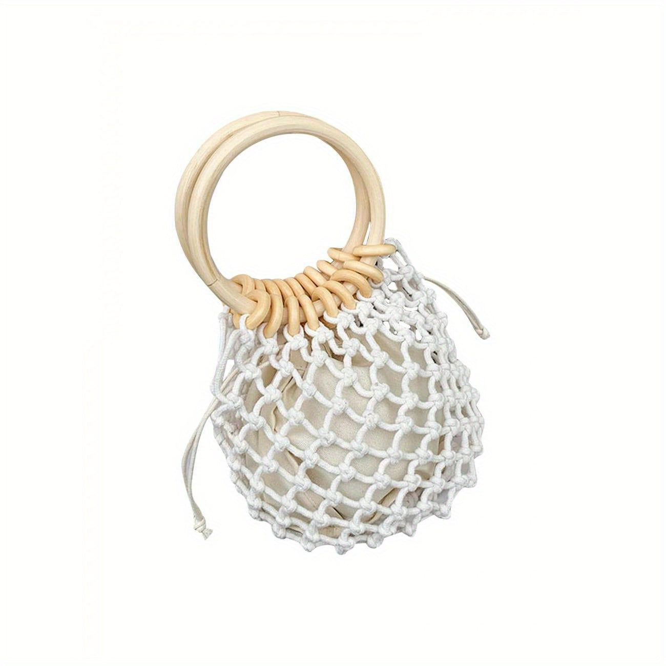 Women's Beach Style Woven Bucket Bag with Wood Handle & Drawstring Closure - Open Top Boho Chic Handbag in Khaki/White