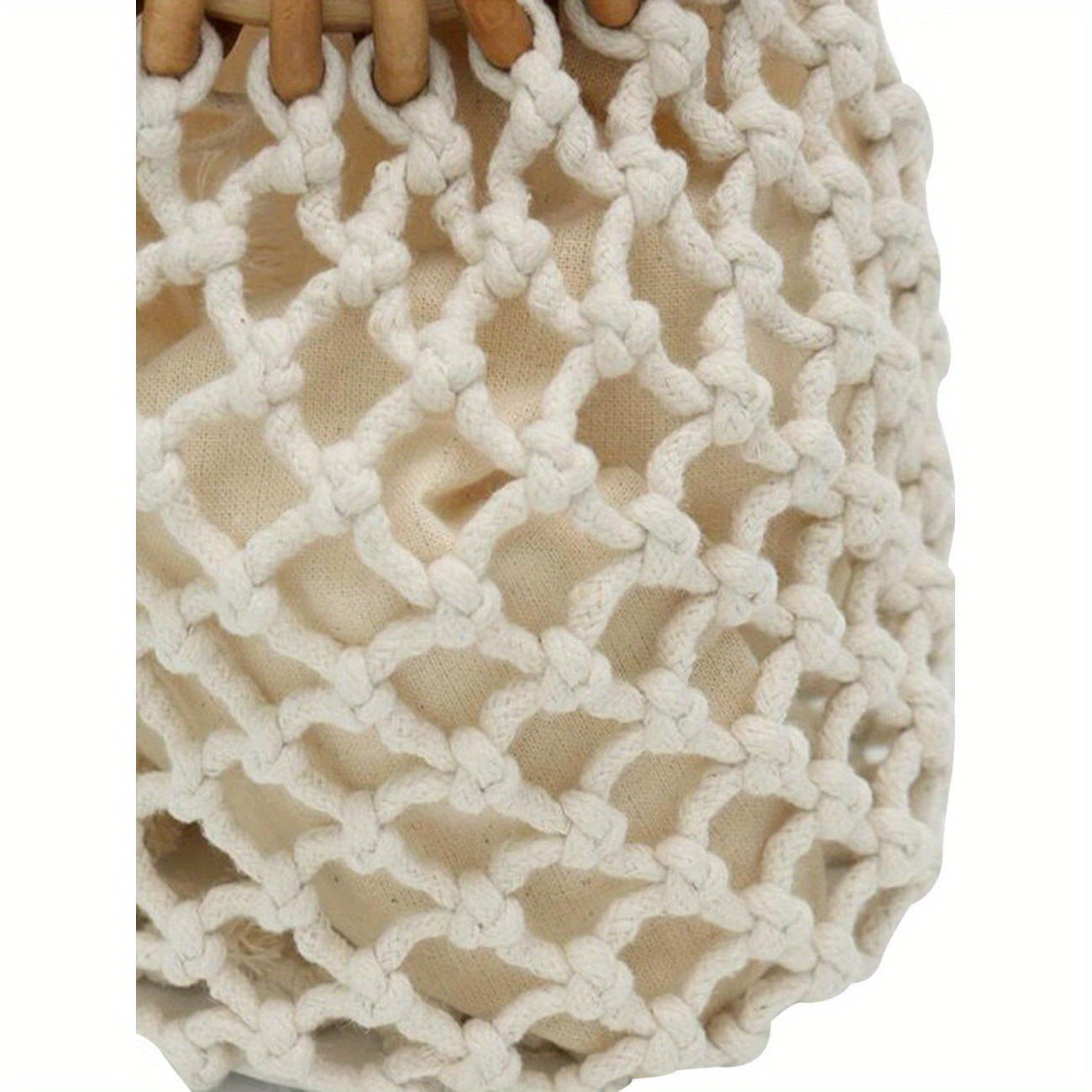 Women's Beach Style Woven Bucket Bag with Wood Handle & Drawstring Closure - Open Top Boho Chic Handbag in Khaki/White