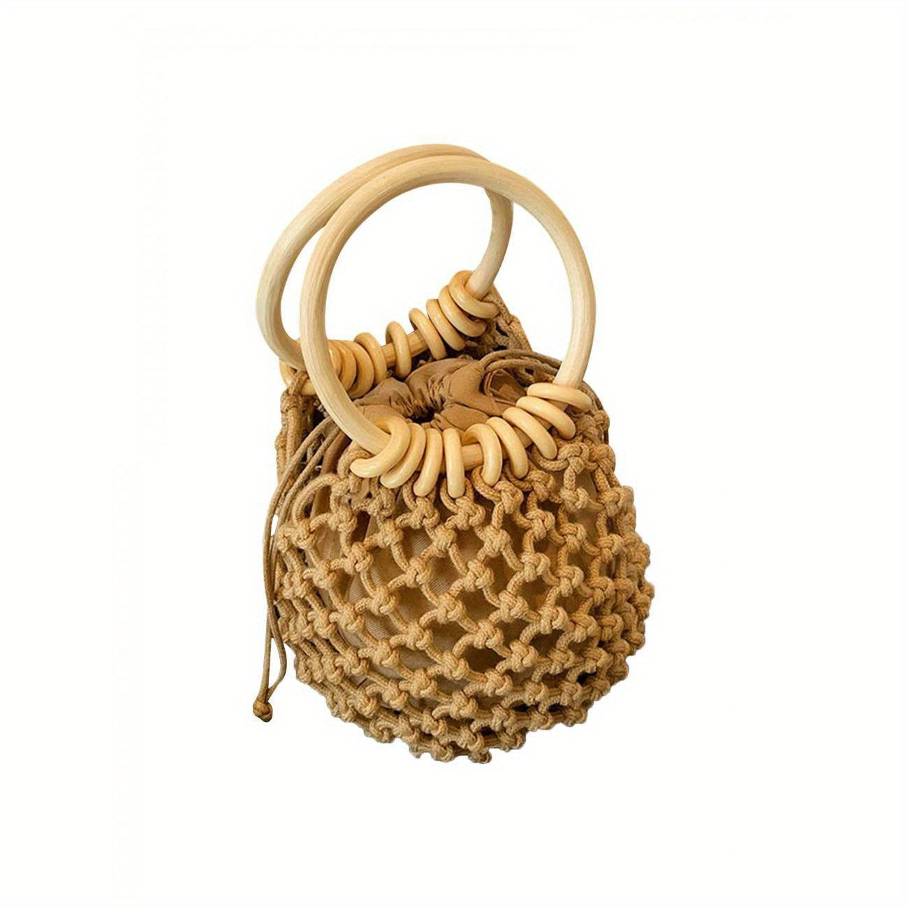 Women's Beach Style Woven Bucket Bag with Wood Handle & Drawstring Closure - Open Top Boho Chic Handbag in Khaki/White