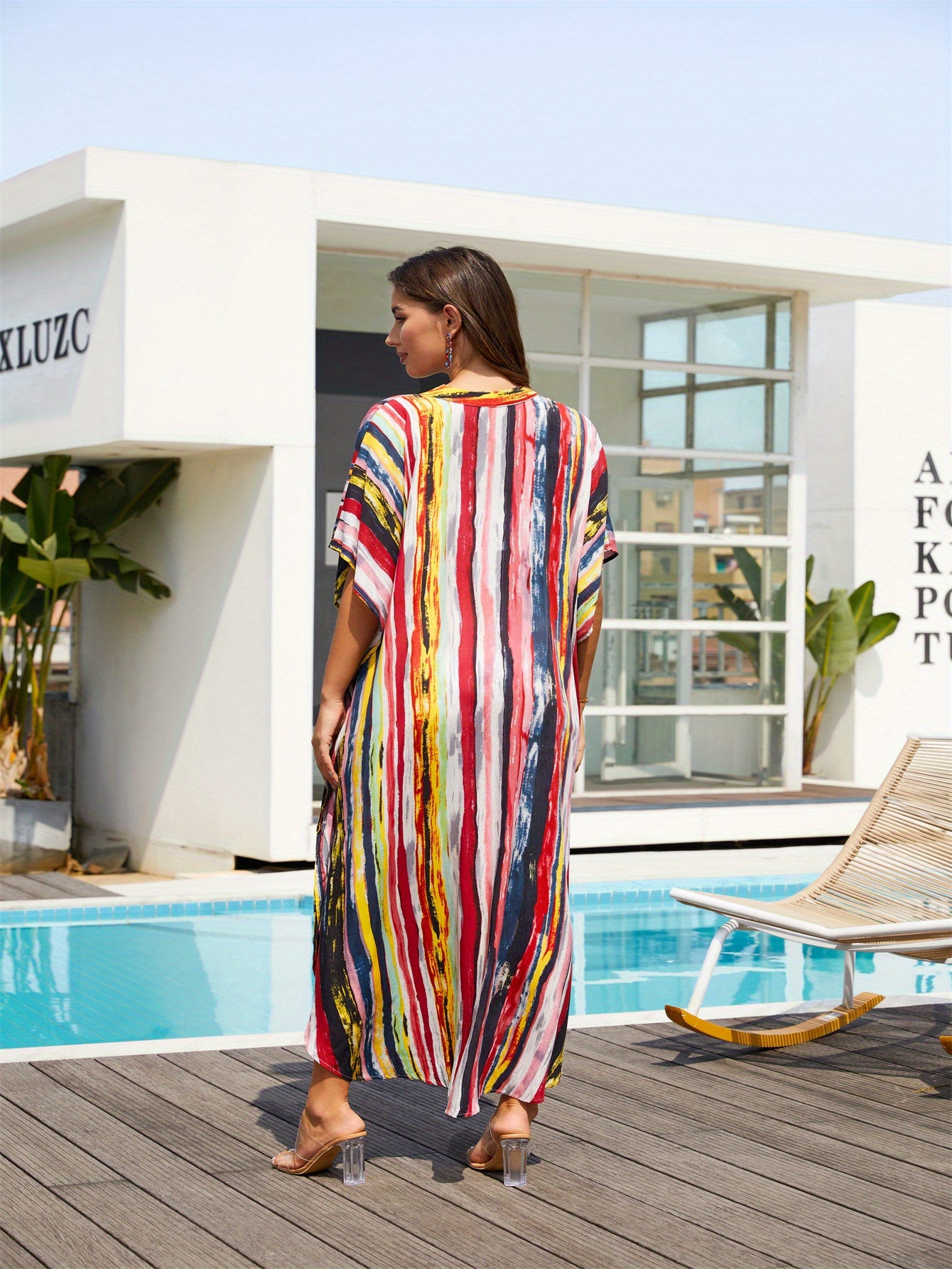 Women's Colourful Vertical Stripe Printed Kaftan Dress Loose Comfortable Casual Holiday Style Fashion Trend V-Neck Lightweight Breathable Multi-Occasion Ethnic Printed Robe Plus Size Blouse
