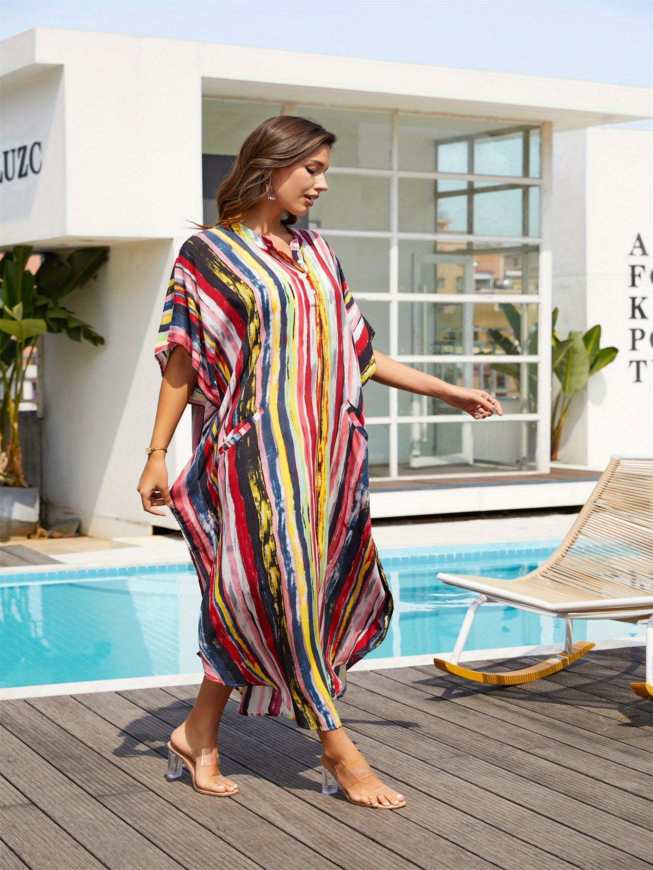 Women's Colourful Vertical Stripe Printed Kaftan Dress Loose Comfortable Casual Holiday Style Fashion Trend V-Neck Lightweight Breathable Multi-Occasion Ethnic Printed Robe Plus Size Blouse