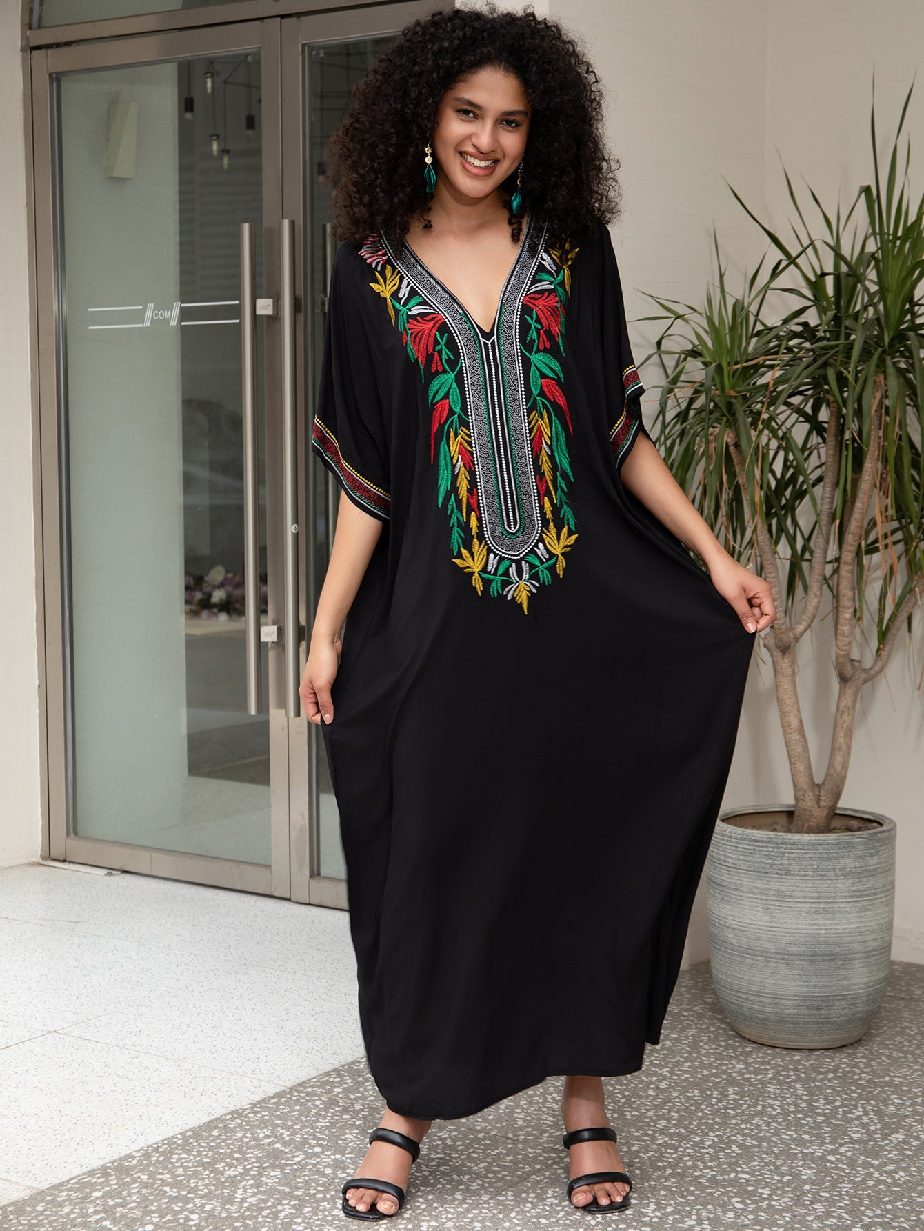 Women's Black Long Beach Cover Up Vacation Robe Bikini Shirt Middle Eastern Robe Beach Swimsuit Cover Up