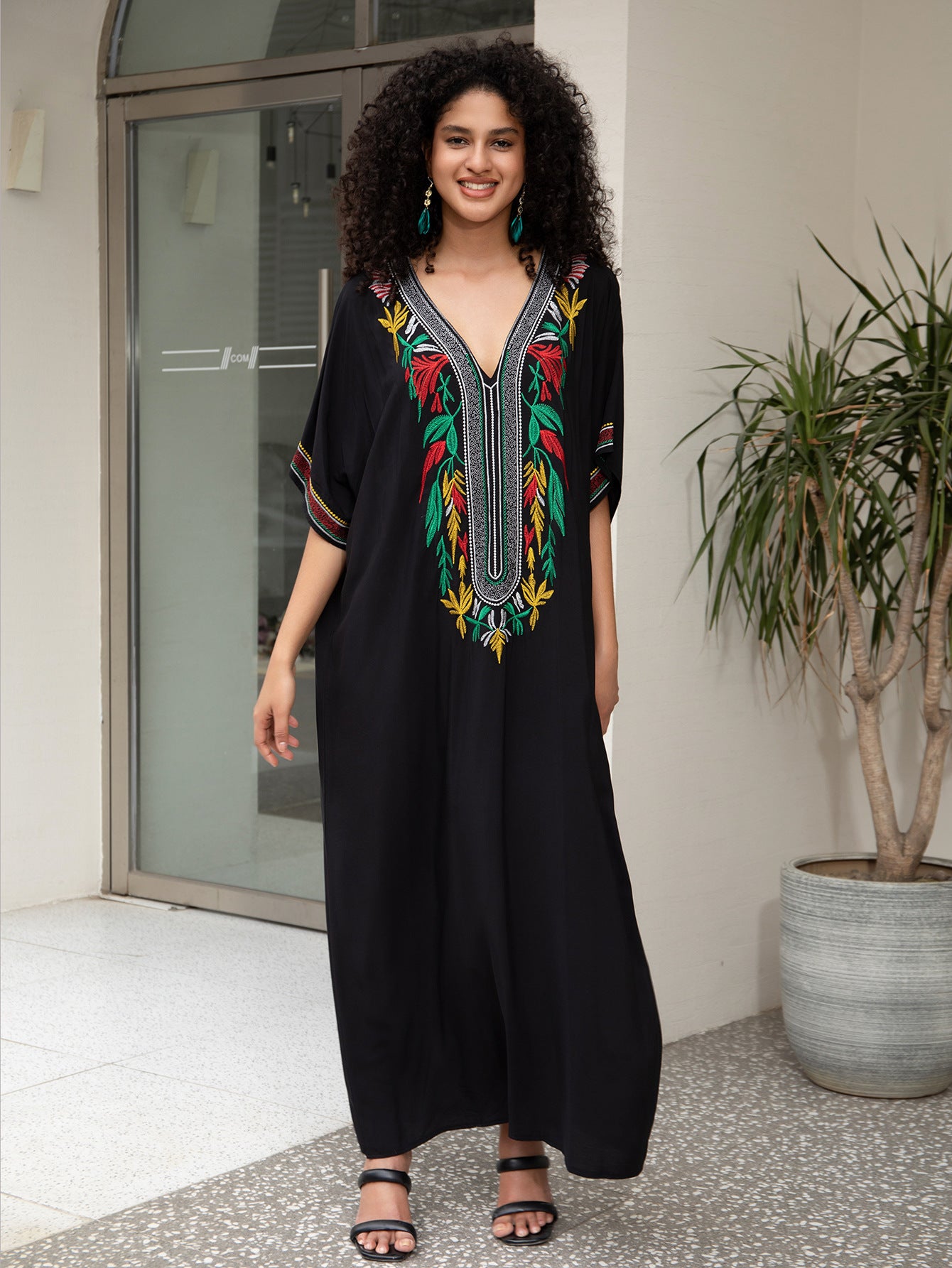 Women's Black Long Beach Cover Up Vacation Robe Bikini Shirt Middle Eastern Robe Beach Swimsuit Cover Up