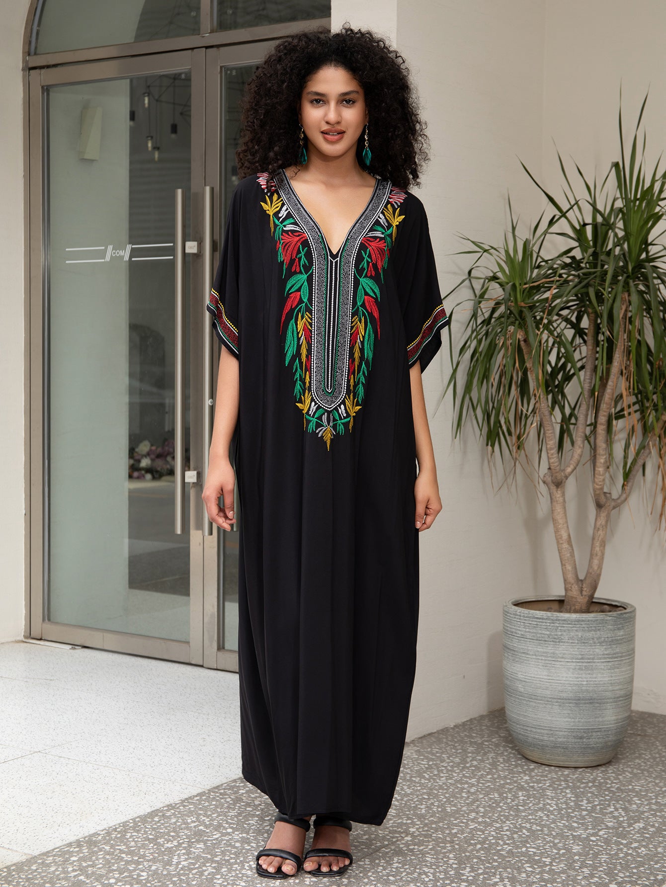 Women's Black Long Beach Cover Up Vacation Robe Bikini Shirt Middle Eastern Robe Beach Swimsuit Cover Up