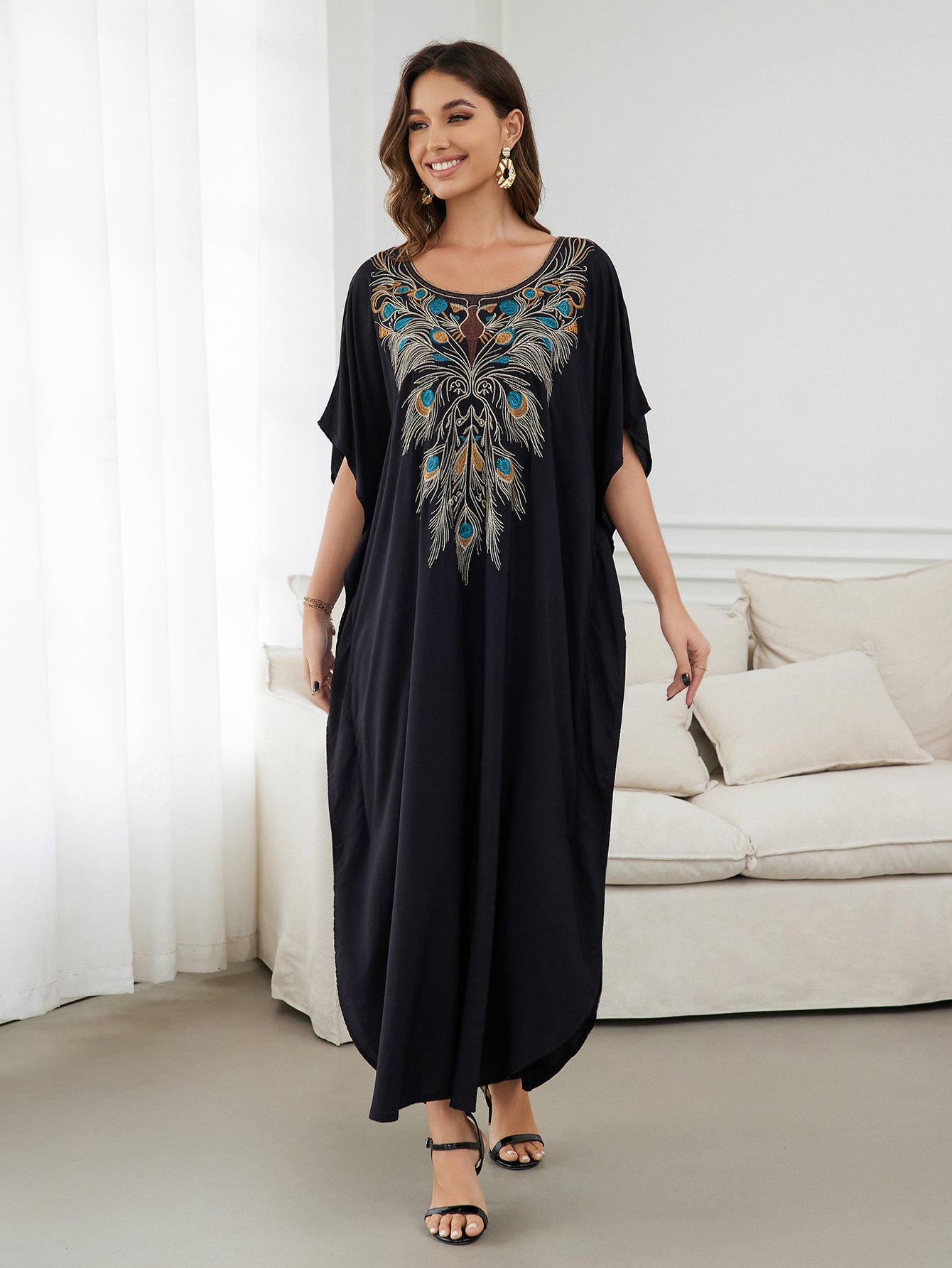 Women's Long Kaftan Beach Cover Up Embroidered Vacation Robe Bat Sleeve Side Slit Swimsuit Cover Up