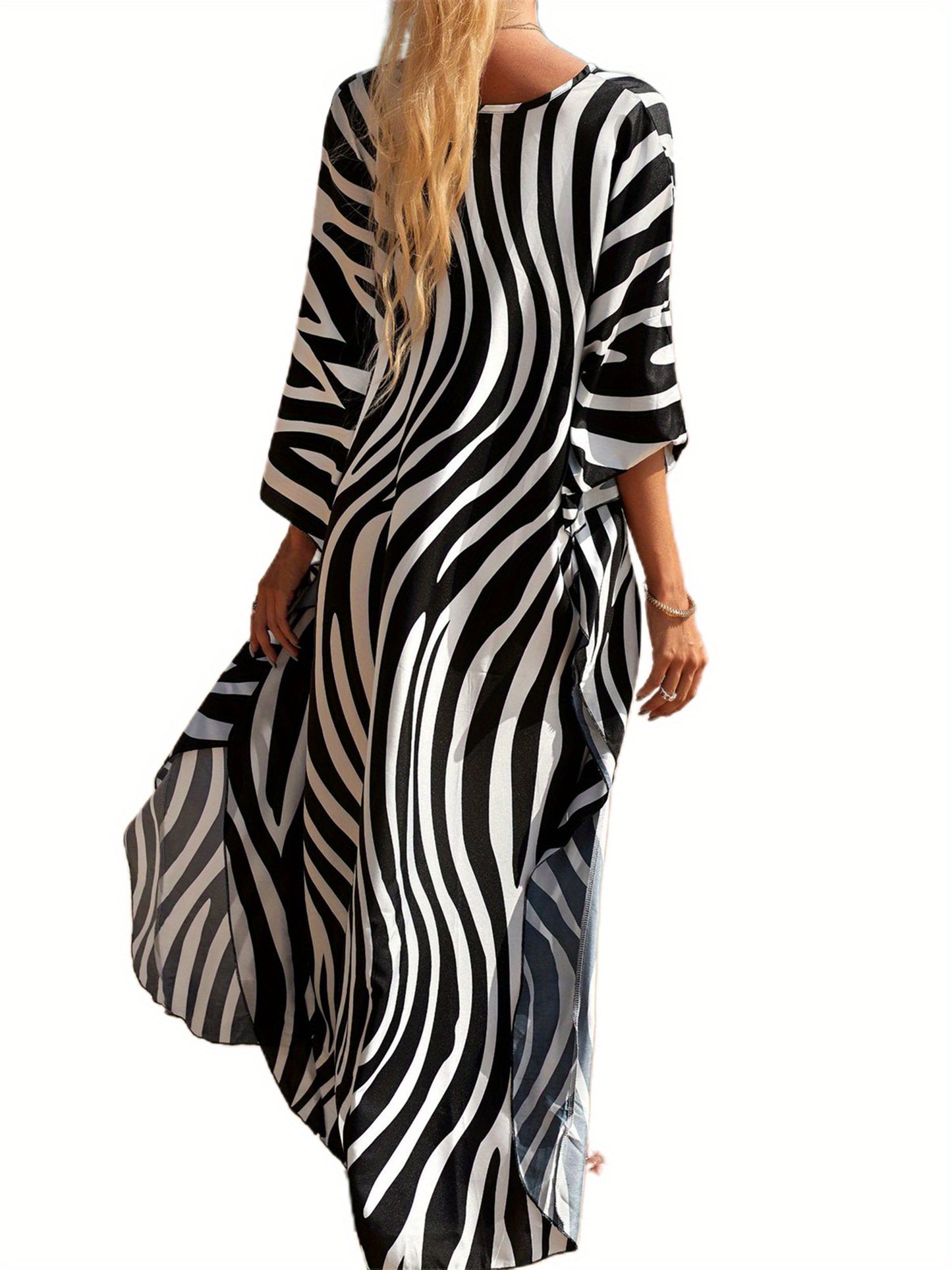 Women's Plus Size Viscose Kaftan Bikini Cover Up Dress - Casual V-Neck Long Sleeve Beach Sun Protection Smock with Random Print Design for Summer Outings, Casual Wear | Patterned Kaftan | Viscose Fabric