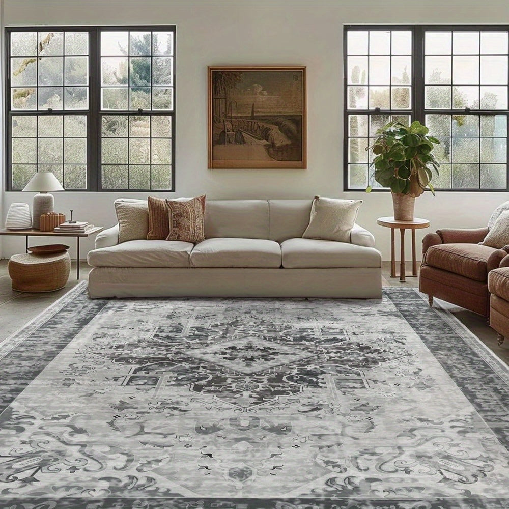 Elegant Gray Non-Slip Area Mat with Intricate Floral Patterns – Perfect for Front Door, Bedroom, Kitchen, and Living Room Decor – Machine Washable Polyester Mat, Rugs for Living Room