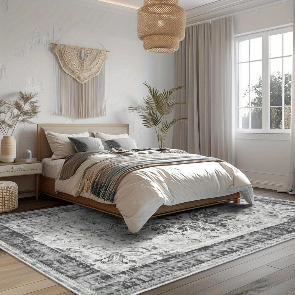 Elegant Gray Non-Slip Area Mat with Intricate Floral Patterns – Perfect for Front Door, Bedroom, Kitchen, and Living Room Decor – Machine Washable Polyester Mat, Rugs for Living Room