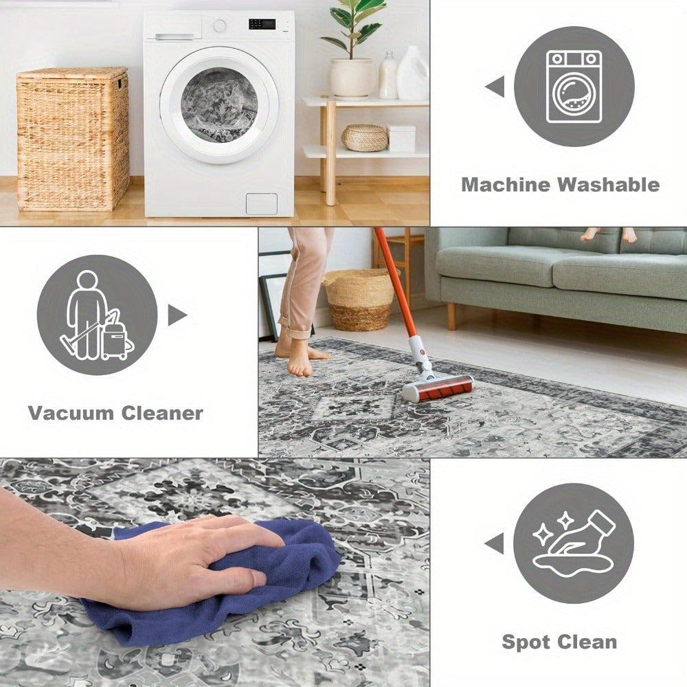 Elegant Gray Non-Slip Area Mat with Intricate Floral Patterns – Perfect for Front Door, Bedroom, Kitchen, and Living Room Decor – Machine Washable Polyester Mat, Rugs for Living Room