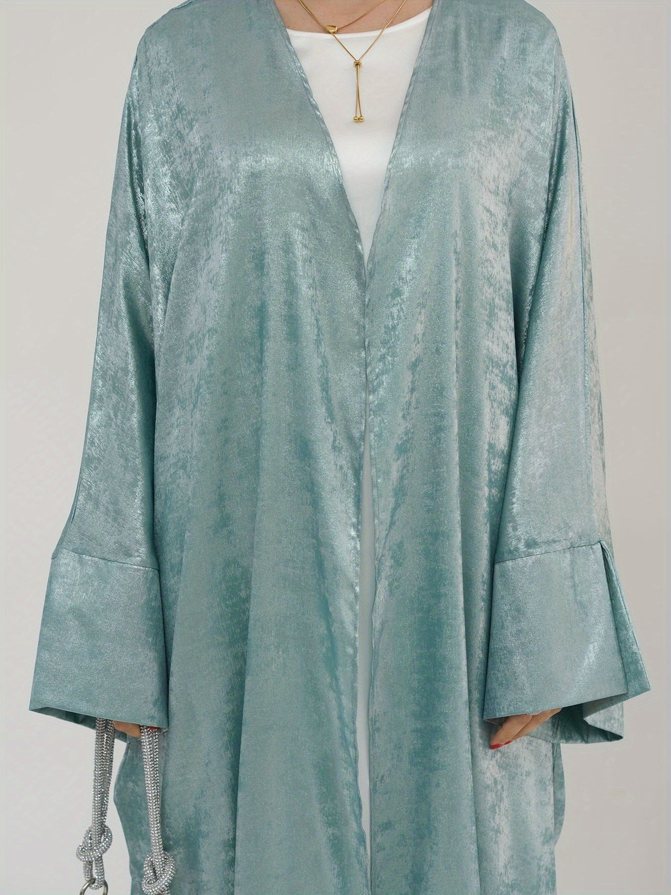 Women's Elegant Lightweight Shimmering Imitation Satin Open Abaya - Gradient Color Loose Fit Batwing Sleeves, No Belt Needed, Machine Washable for Ramadan & All Seasons, Modest Apparel