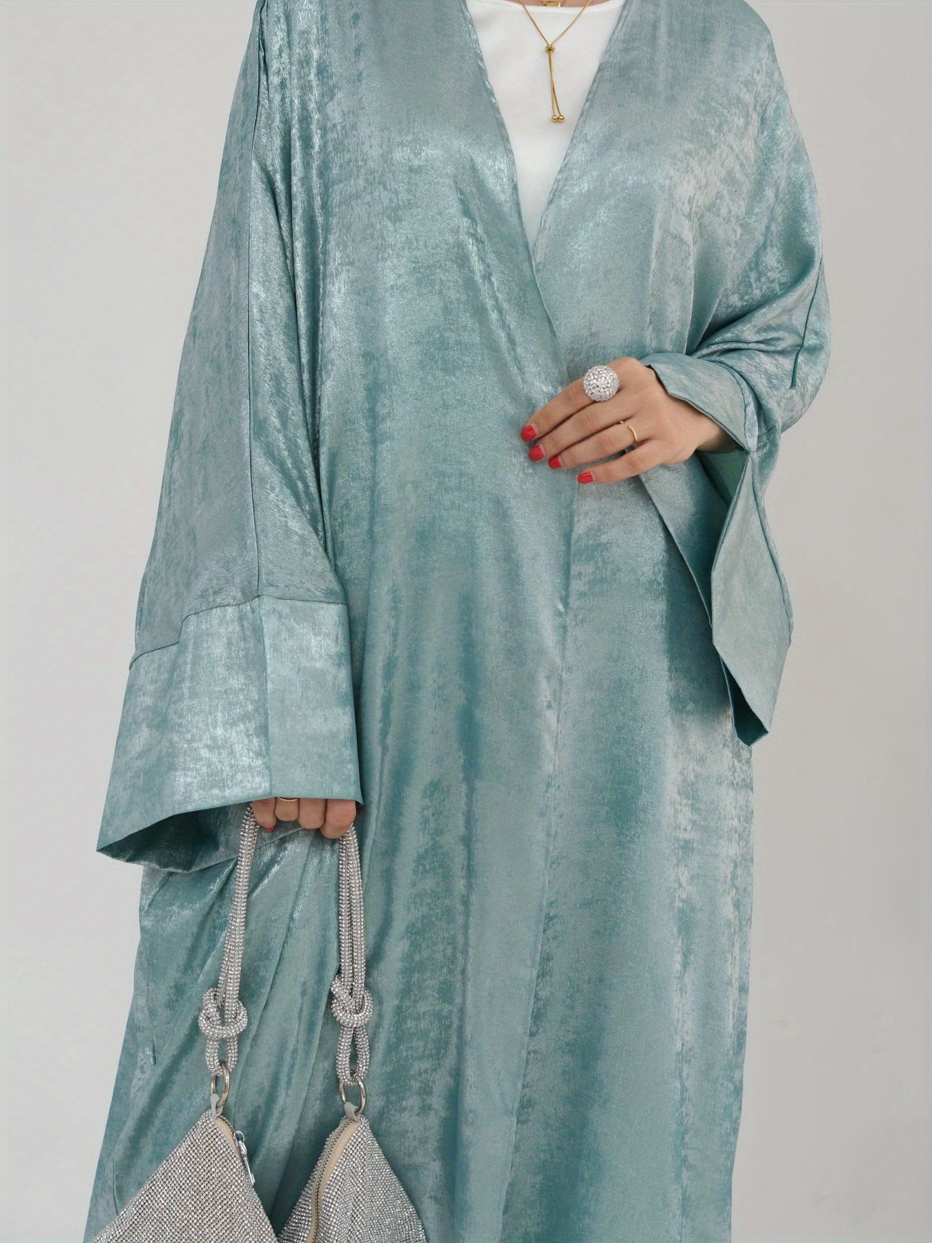 Women's Elegant Lightweight Shimmering Imitation Satin Open Abaya - Gradient Color Loose Fit Batwing Sleeves, No Belt Needed, Machine Washable for Ramadan & All Seasons, Modest Apparel