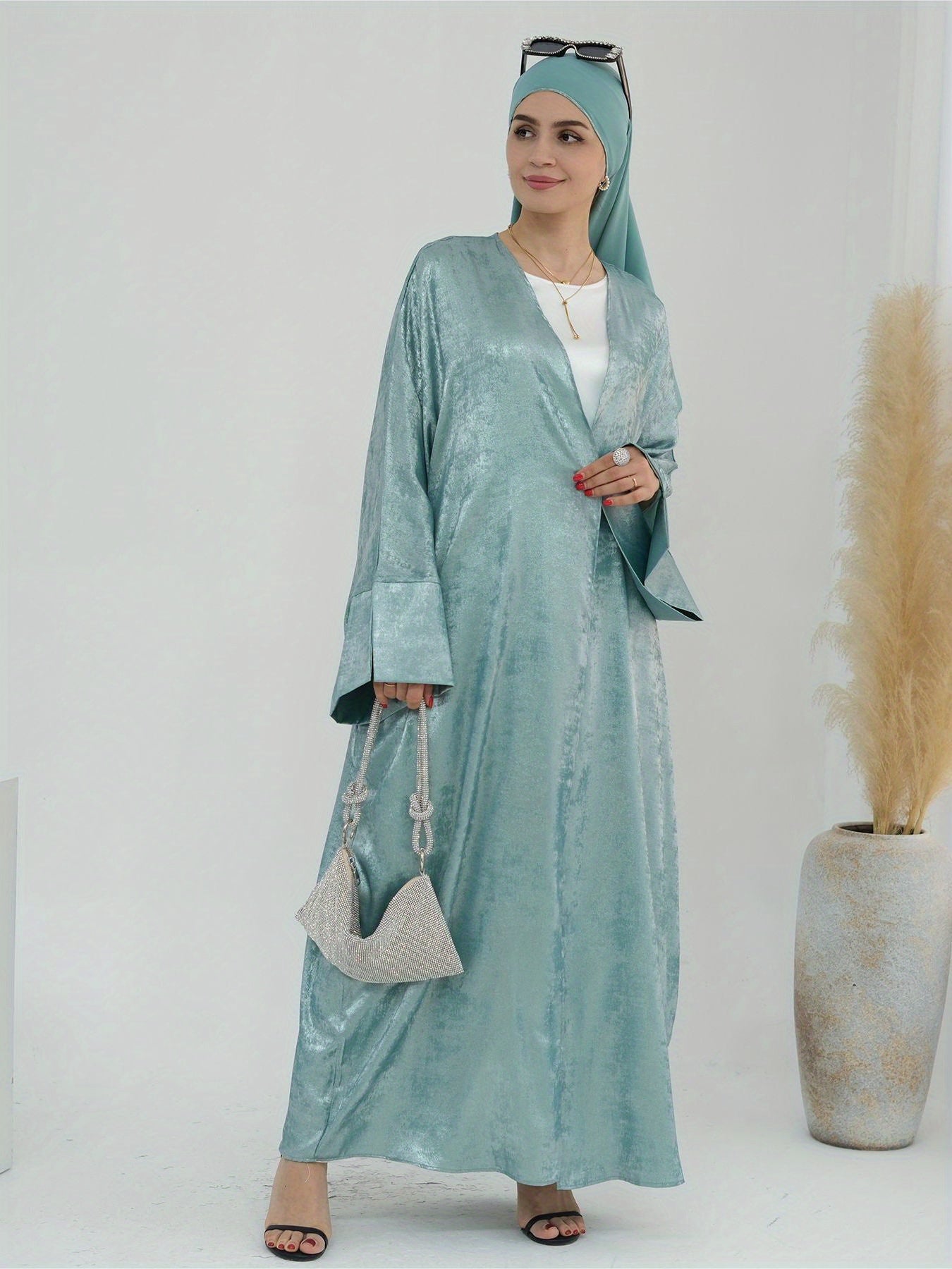 Women's Elegant Lightweight Shimmering Imitation Satin Open Abaya - Gradient Color Loose Fit Batwing Sleeves, No Belt Needed, Machine Washable for Ramadan & All Seasons, Modest Apparel