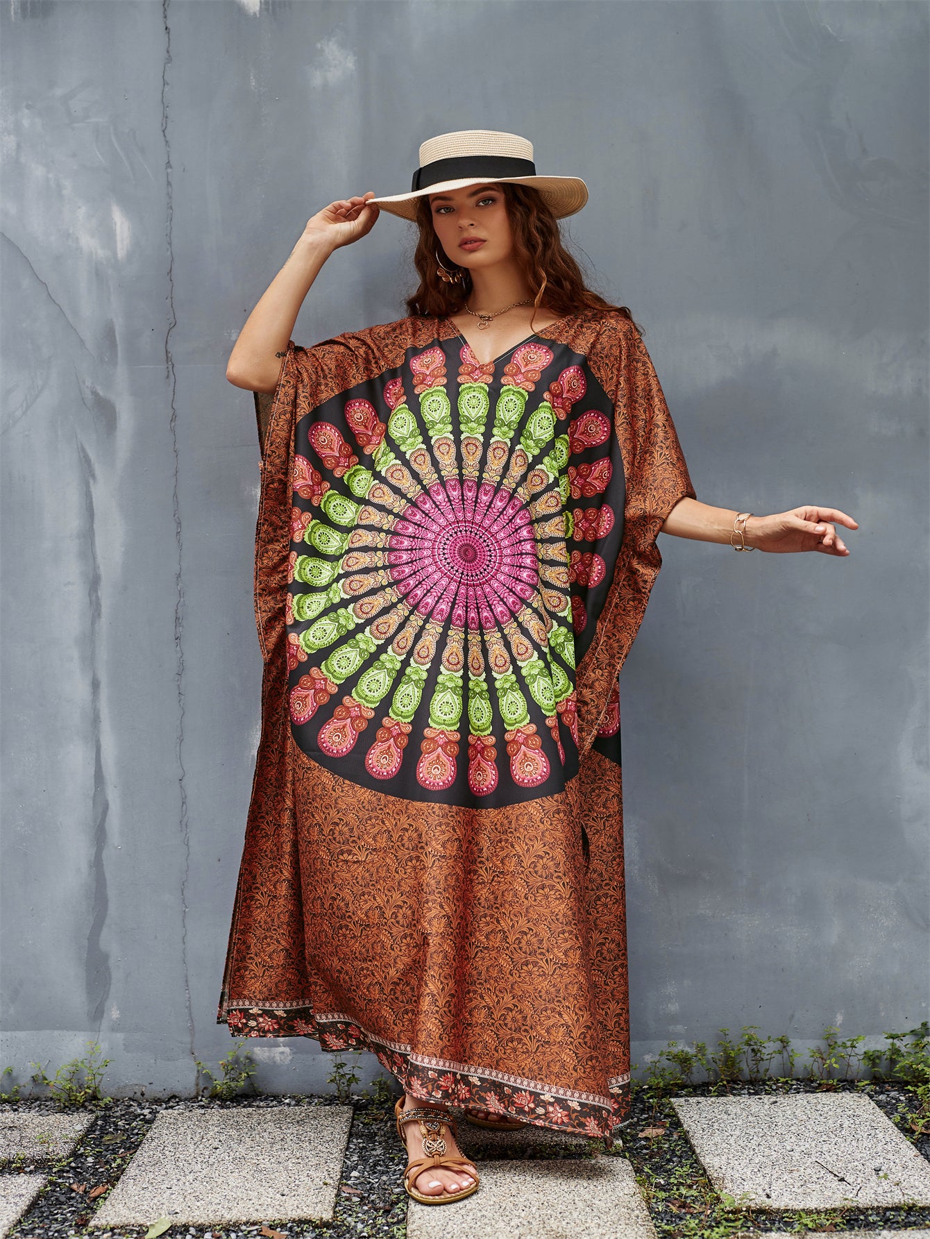 Colorful Women's Geometric Pattern Kaftan Dress - V-Neck, Side Slit, Long Beach Cover-Up in Brown with Fringe Detail - Lightweight Polyester, Ideal for Spring/Summer/Fall, Poolside Attire|Breezy Beachwear|Glossy Finish