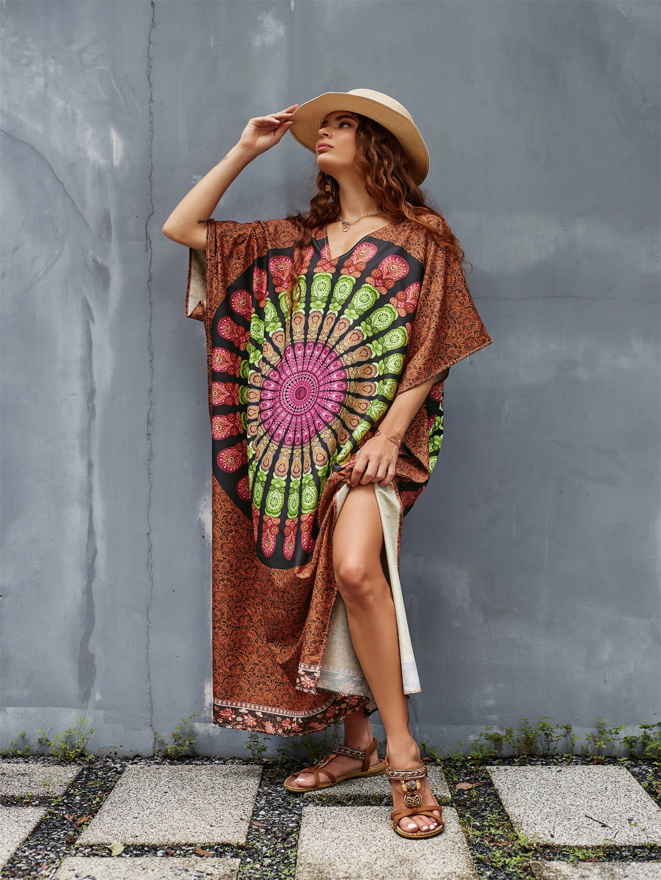 Colorful Women's Geometric Pattern Kaftan Dress - V-Neck, Side Slit, Long Beach Cover-Up in Brown with Fringe Detail - Lightweight Polyester, Ideal for Spring/Summer/Fall, Poolside Attire|Breezy Beachwear|Glossy Finish