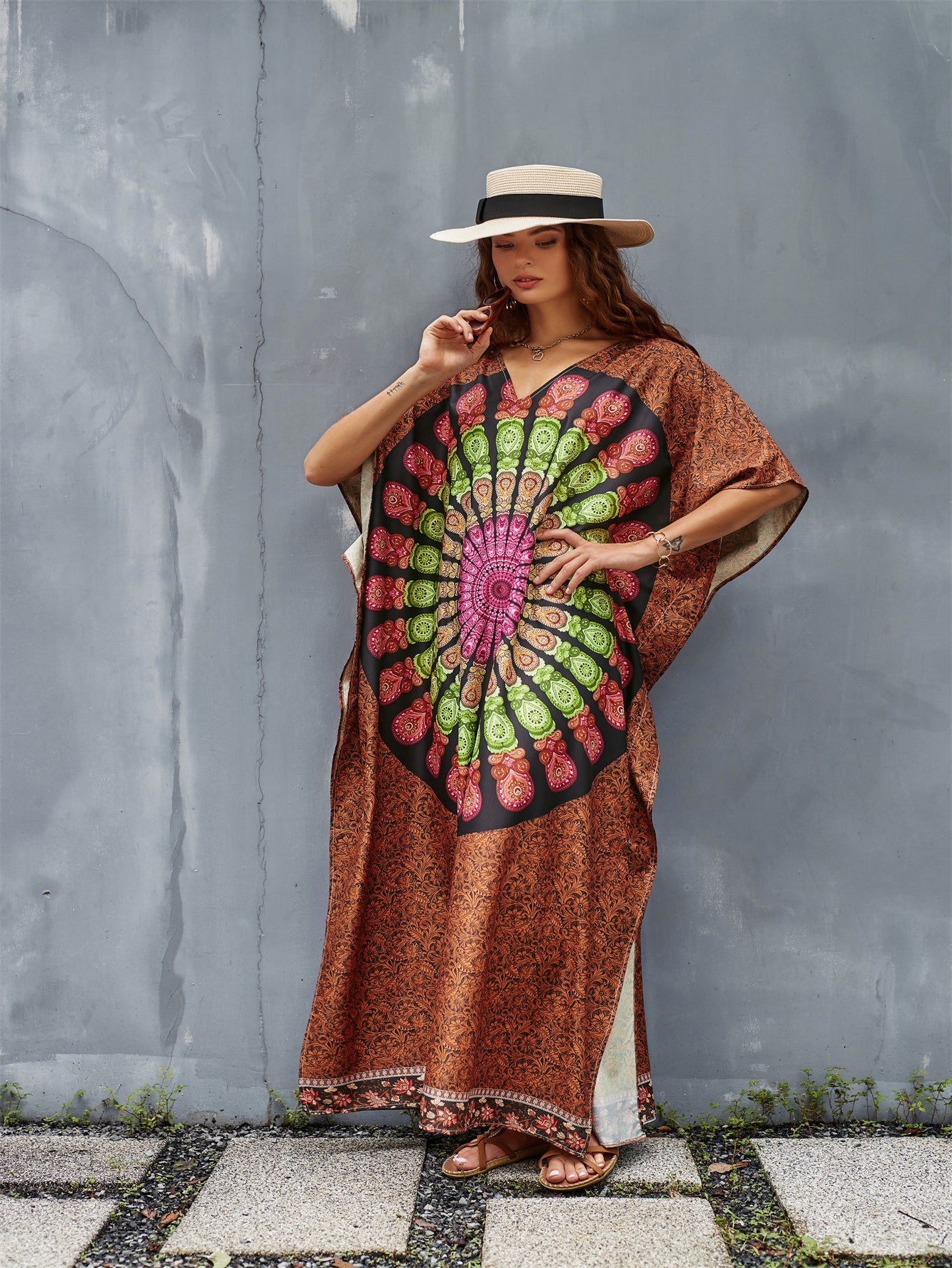 Colorful Women's Geometric Pattern Kaftan Dress - V-Neck, Side Slit, Long Beach Cover-Up in Brown with Fringe Detail - Lightweight Polyester, Ideal for Spring/Summer/Fall, Poolside Attire|Breezy Beachwear|Glossy Finish