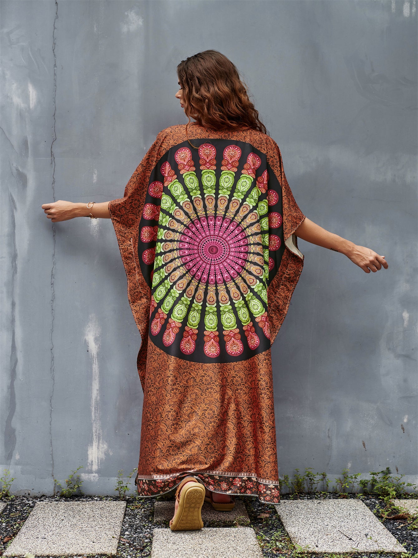 Colorful Women's Geometric Pattern Kaftan Dress - V-Neck, Side Slit, Long Beach Cover-Up in Brown with Fringe Detail - Lightweight Polyester, Ideal for Spring/Summer/Fall, Poolside Attire|Breezy Beachwear|Glossy Finish