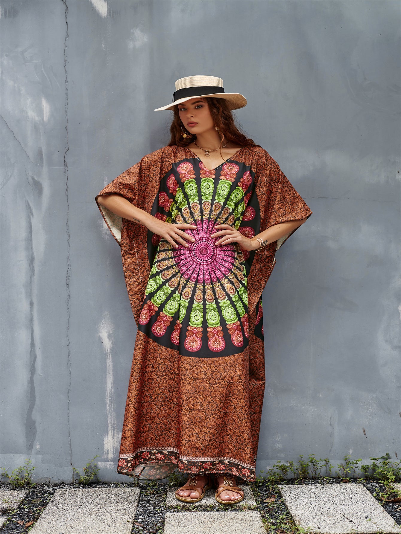 Colorful Women's Geometric Pattern Kaftan Dress - V-Neck, Side Slit, Long Beach Cover-Up in Brown with Fringe Detail - Lightweight Polyester, Ideal for Spring/Summer/Fall, Poolside Attire|Breezy Beachwear|Glossy Finish