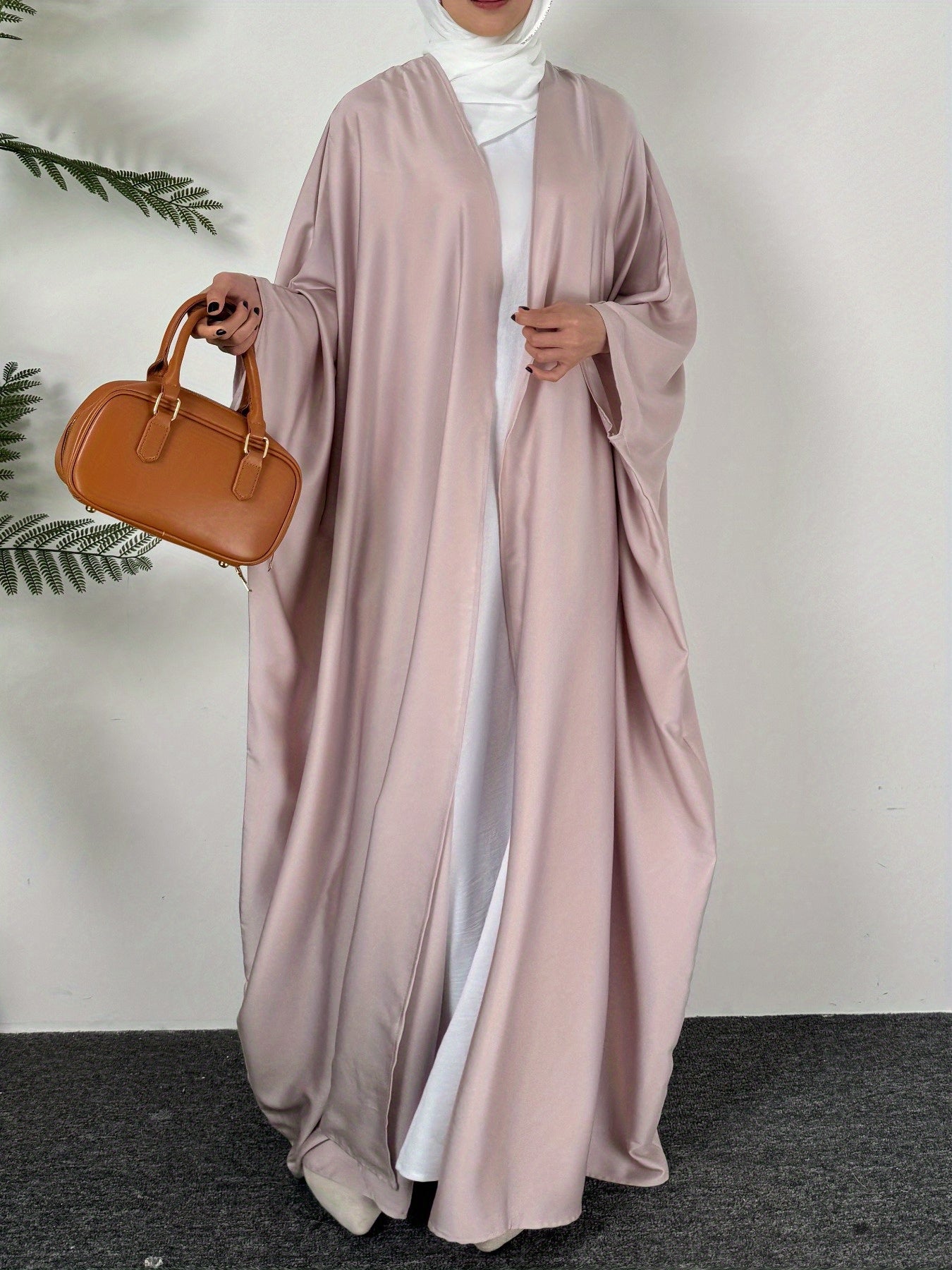 Elegant Plus Size Long Batwing Sleeve Abaya - Loose Fit, Solid Color Polyester Kaftan Cardigan for Muslim Women, Middle Eastern, Arab